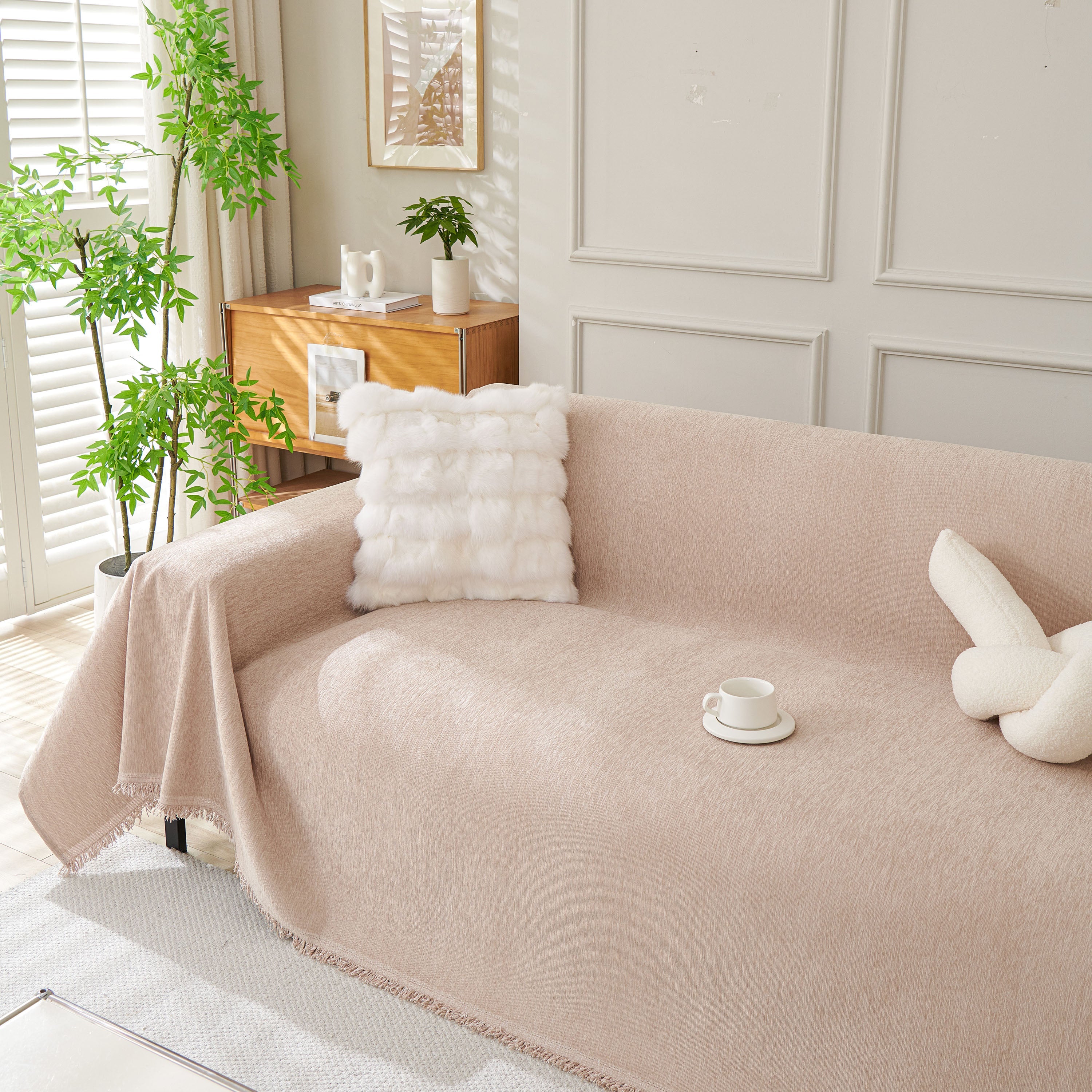 Solid Color Chenille Sofa Throw Blanket, Modern Decor Soft Couch Cover with Fringes