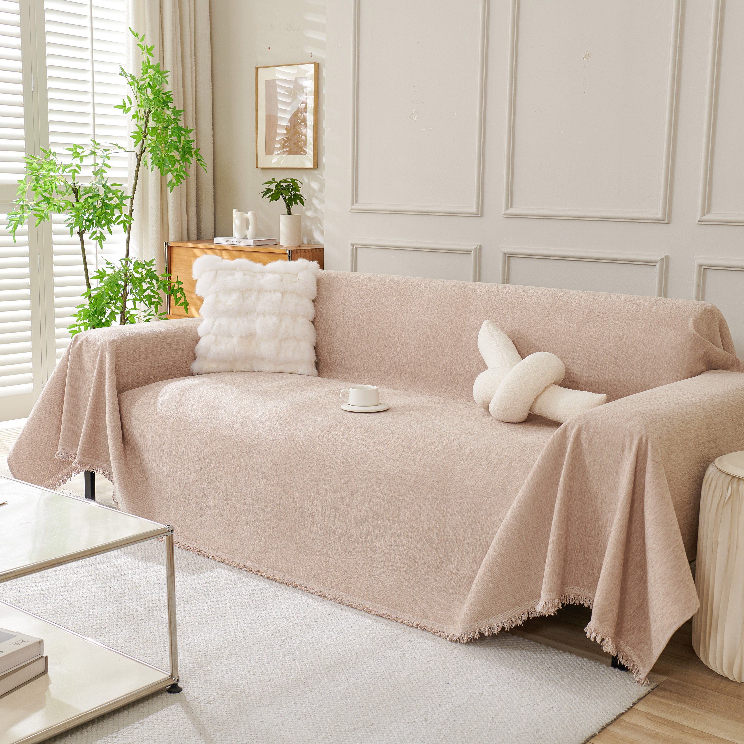Solid Color Chenille Sofa Throw Blanket, Modern Decor Soft Couch Cover with Fringes
