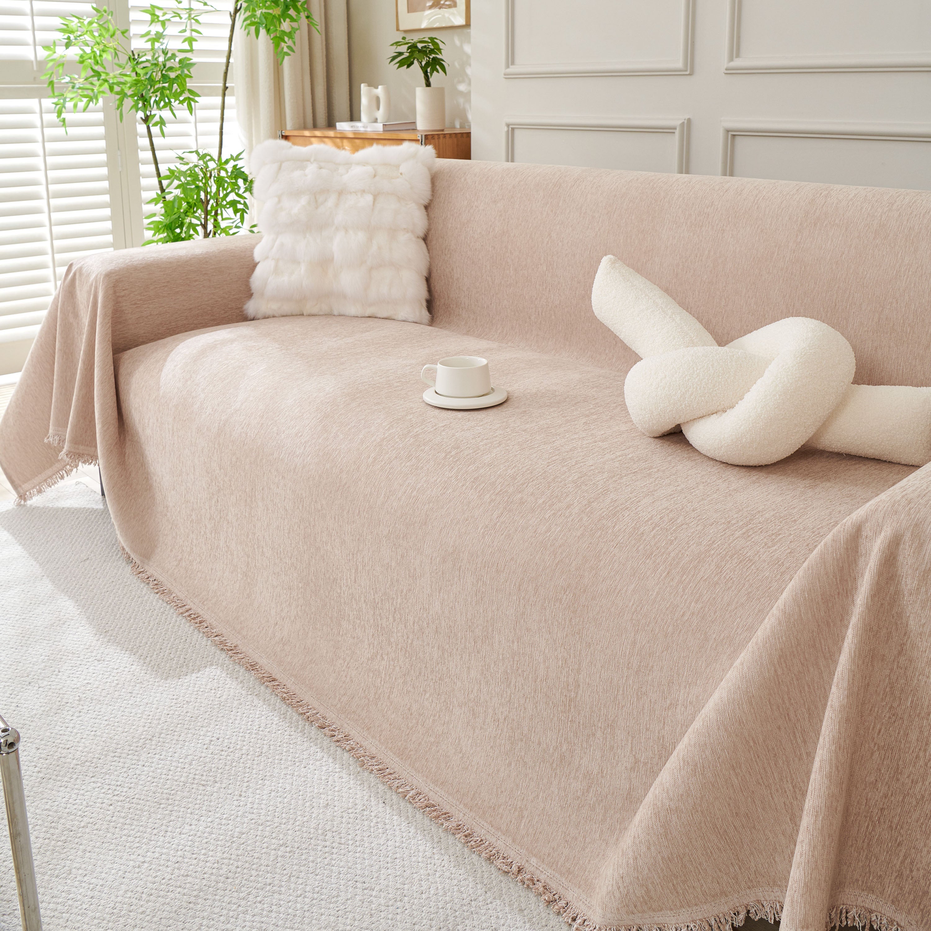 Solid Color Chenille Sofa Throw Blanket, Modern Decor Soft Couch Cover with Fringes