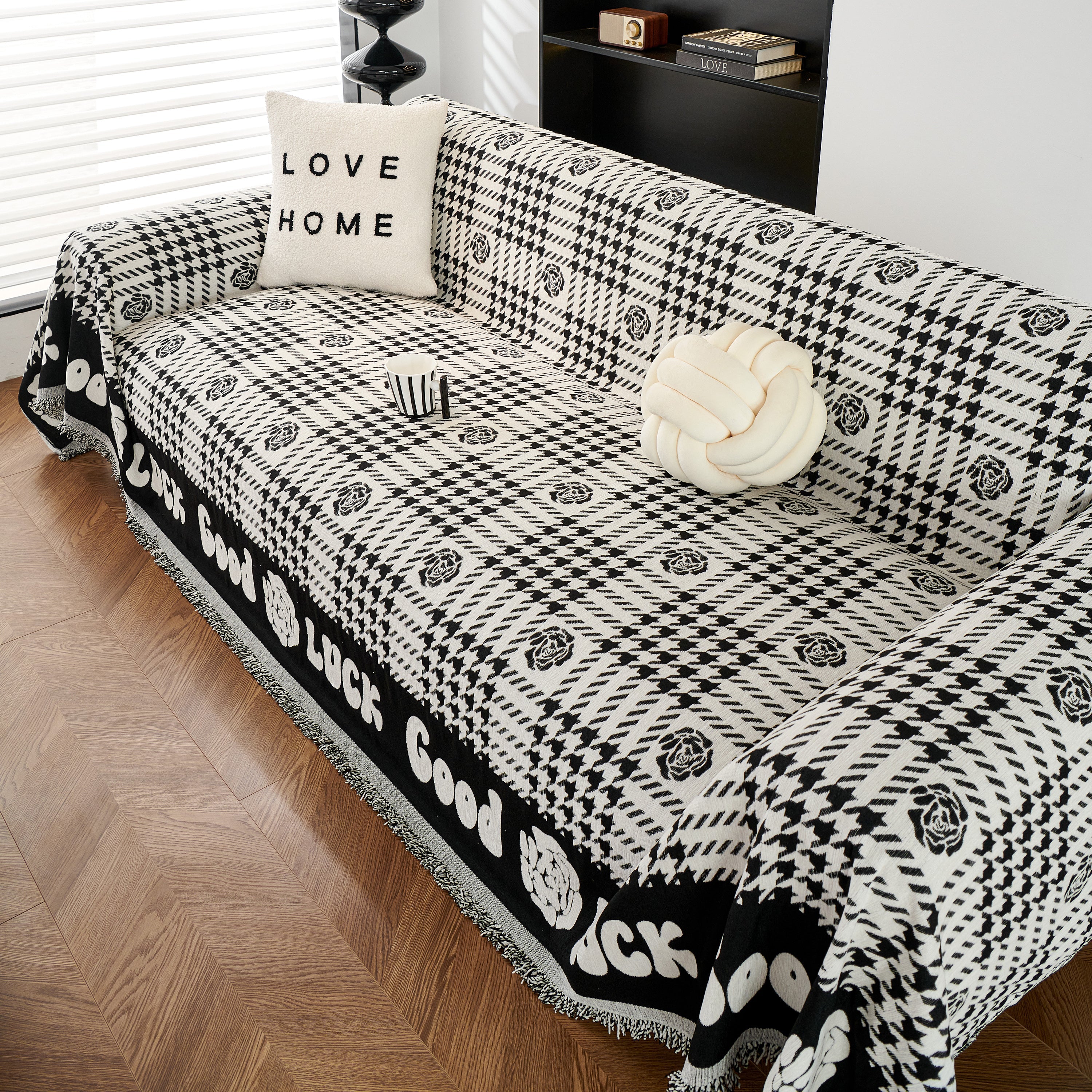 Chenille Houndstooth Sofa Throw Cover, Scratch Proof Cozy Throw Blankets for Couch