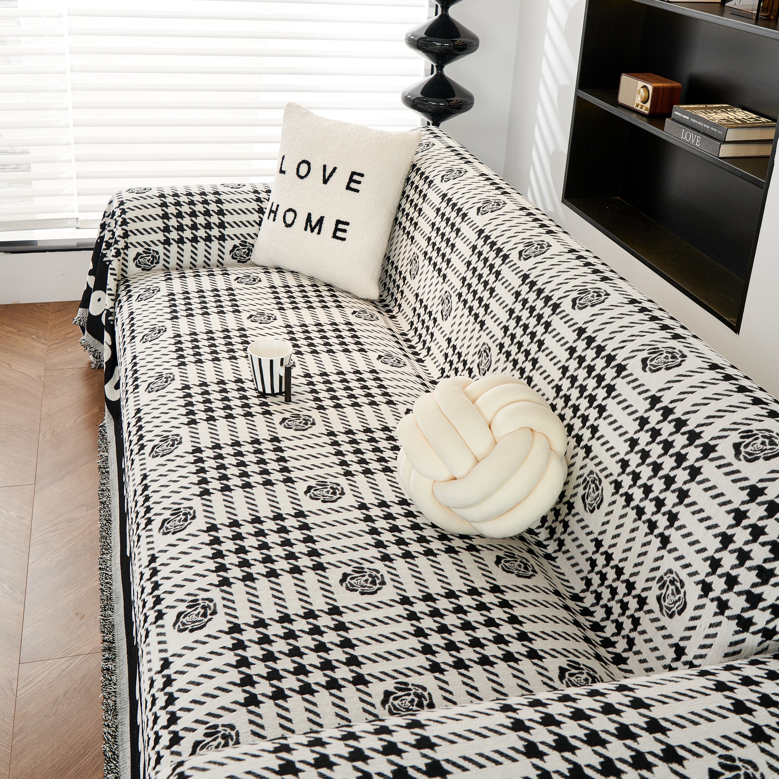 Chenille Houndstooth Sofa Throw Cover, Scratch Proof Cozy Throw Blankets for Couch