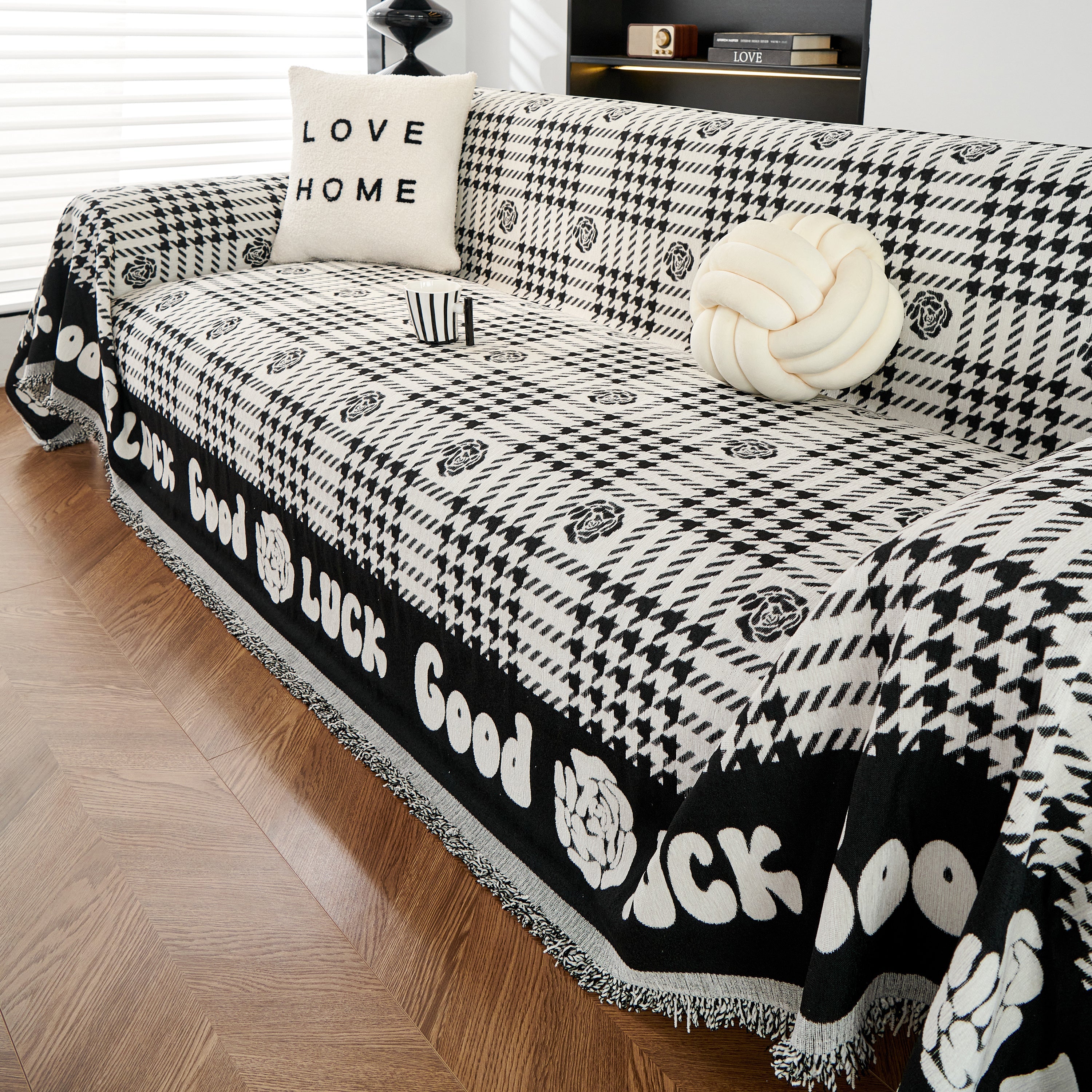 Chenille Houndstooth Sofa Throw Cover, Scratch Proof Cozy Throw Blankets for Couch