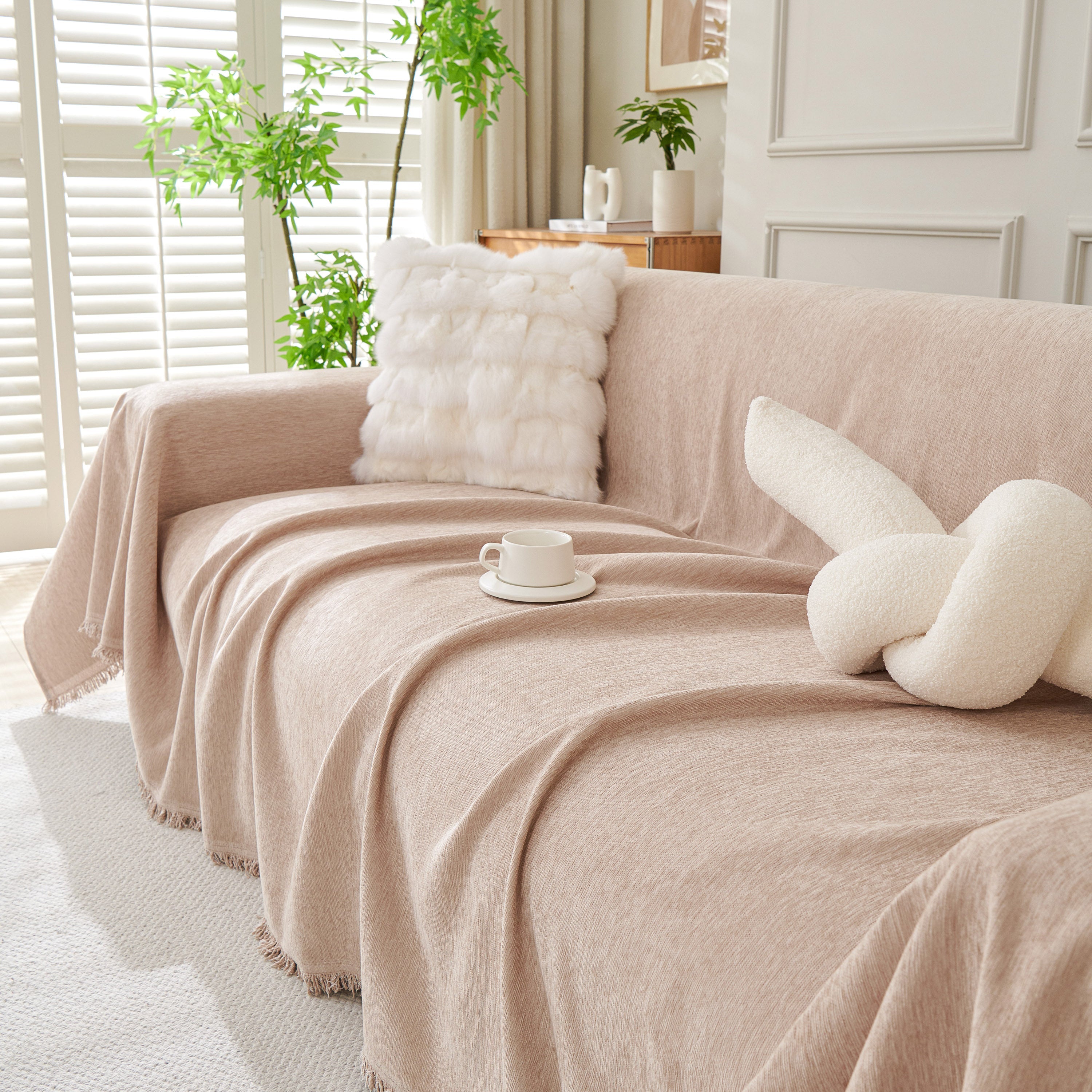 Solid Color Chenille Sofa Throw Blanket, Modern Decor Soft Couch Cover with Fringes