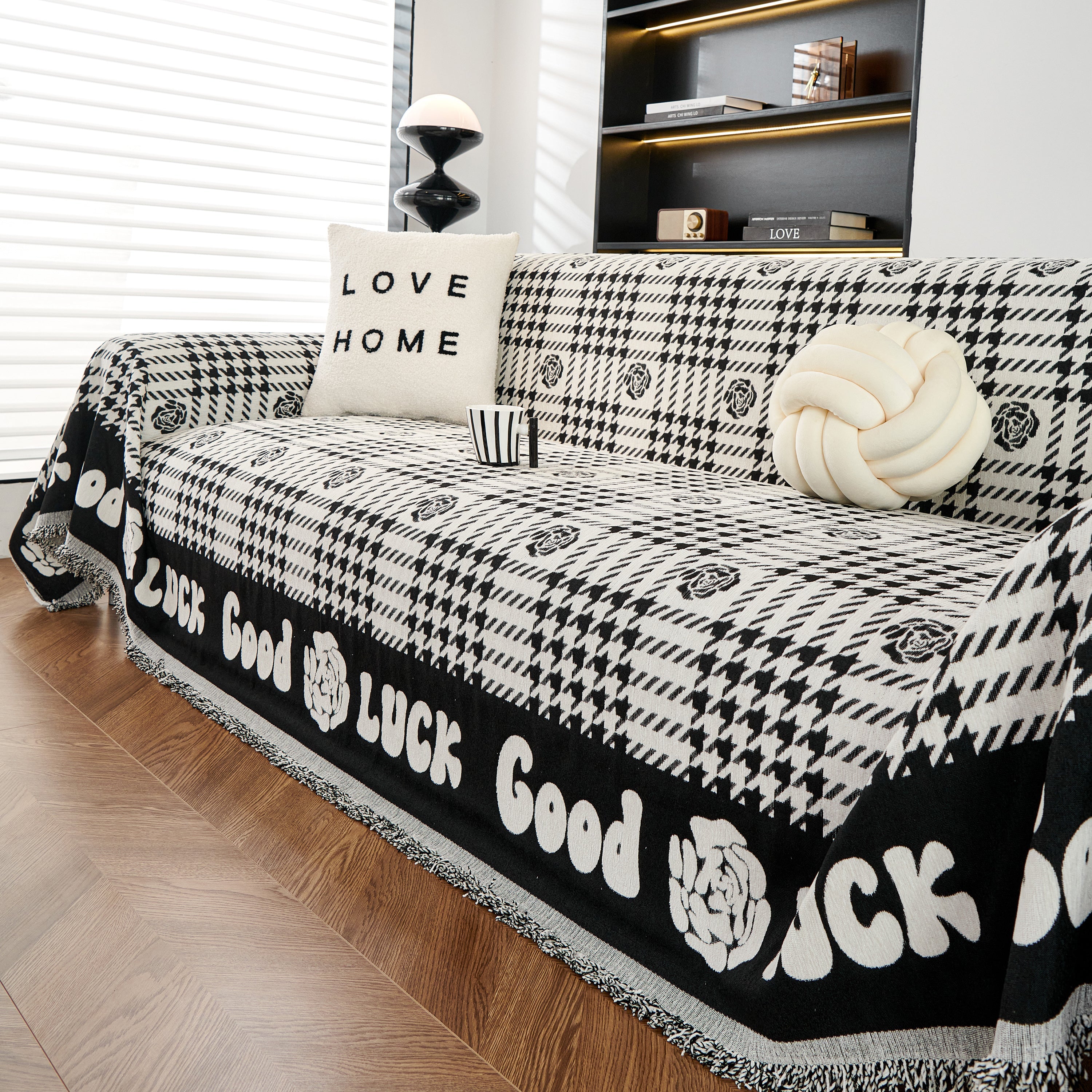 Chenille Houndstooth Sofa Throw Cover, Scratch Proof Cozy Throw Blankets for Couch
