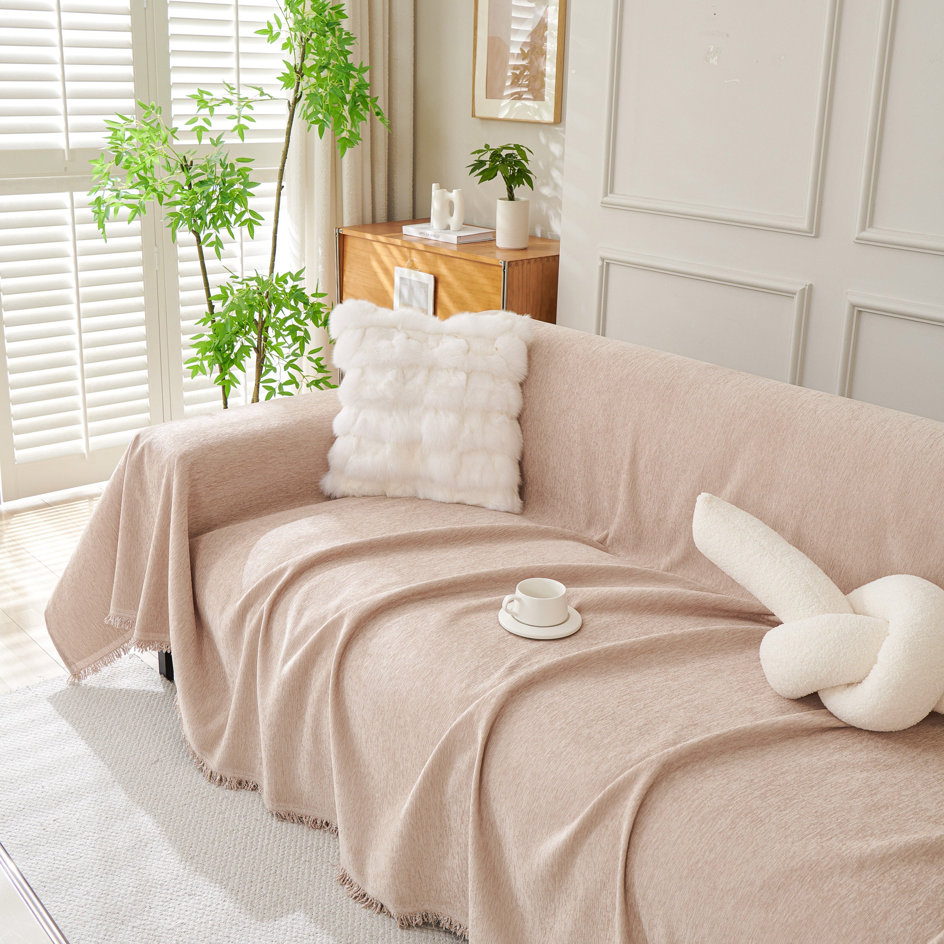Solid Color Chenille Sofa Throw Blanket, Modern Decor Soft Couch Cover with Fringes