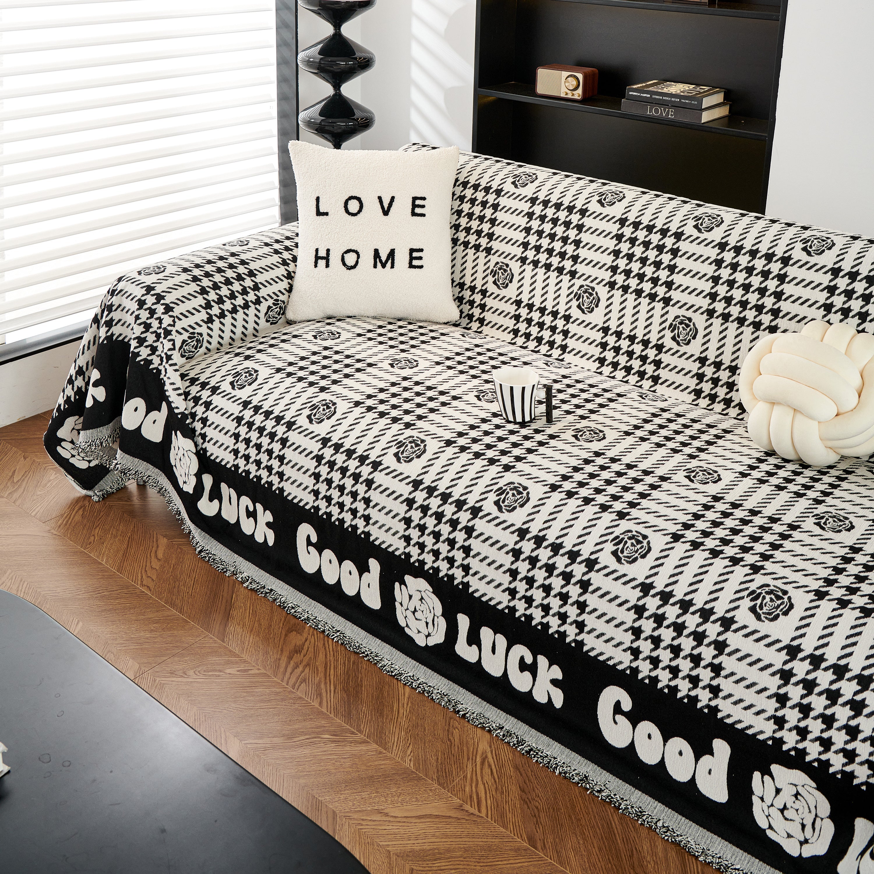 Chenille Houndstooth Sofa Throw Cover, Scratch Proof Cozy Throw Blankets for Couch