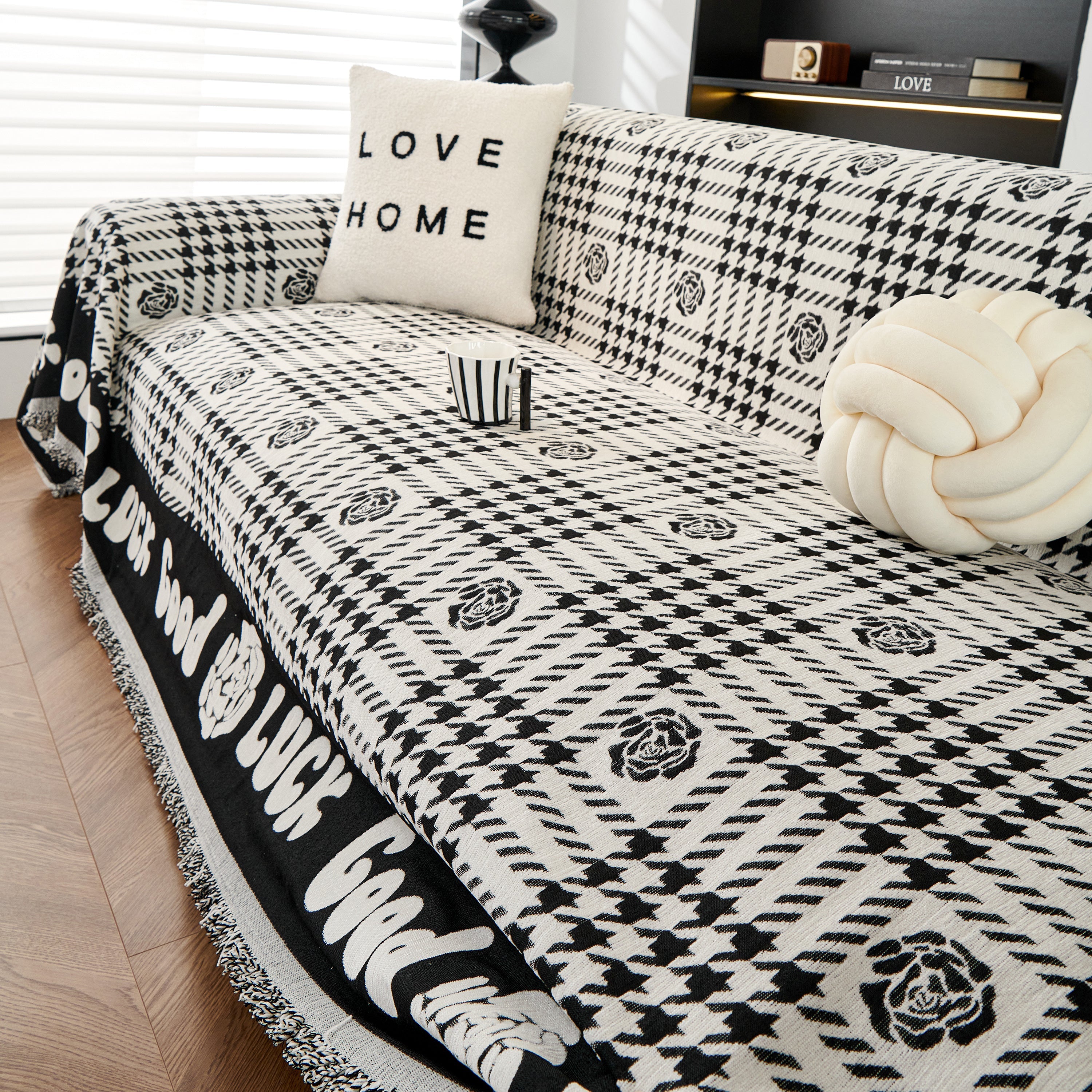 Chenille Houndstooth Sofa Throw Cover, Scratch Proof Cozy Throw Blankets for Couch