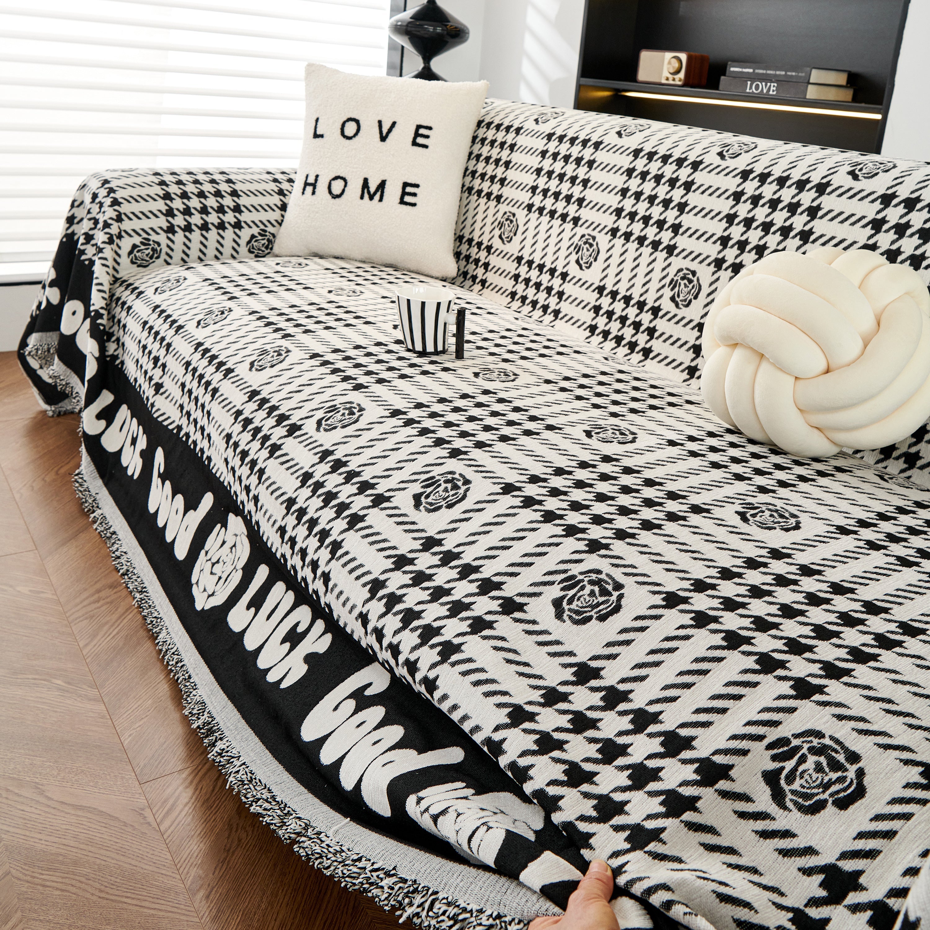 Chenille Houndstooth Sofa Throw Cover, Scratch Proof Cozy Throw Blankets for Couch