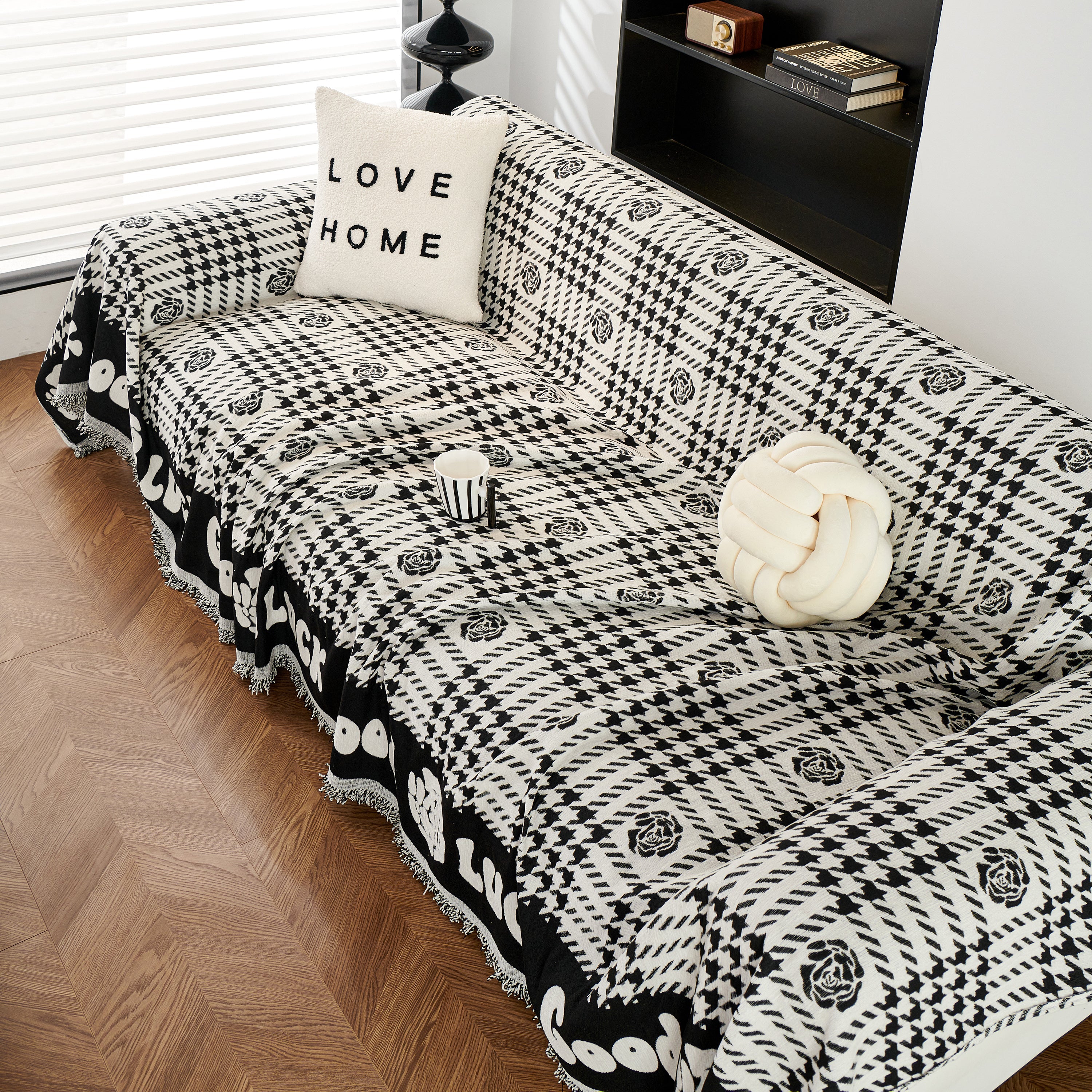 Chenille Houndstooth Sofa Throw Cover, Scratch Proof Cozy Throw Blankets for Couch