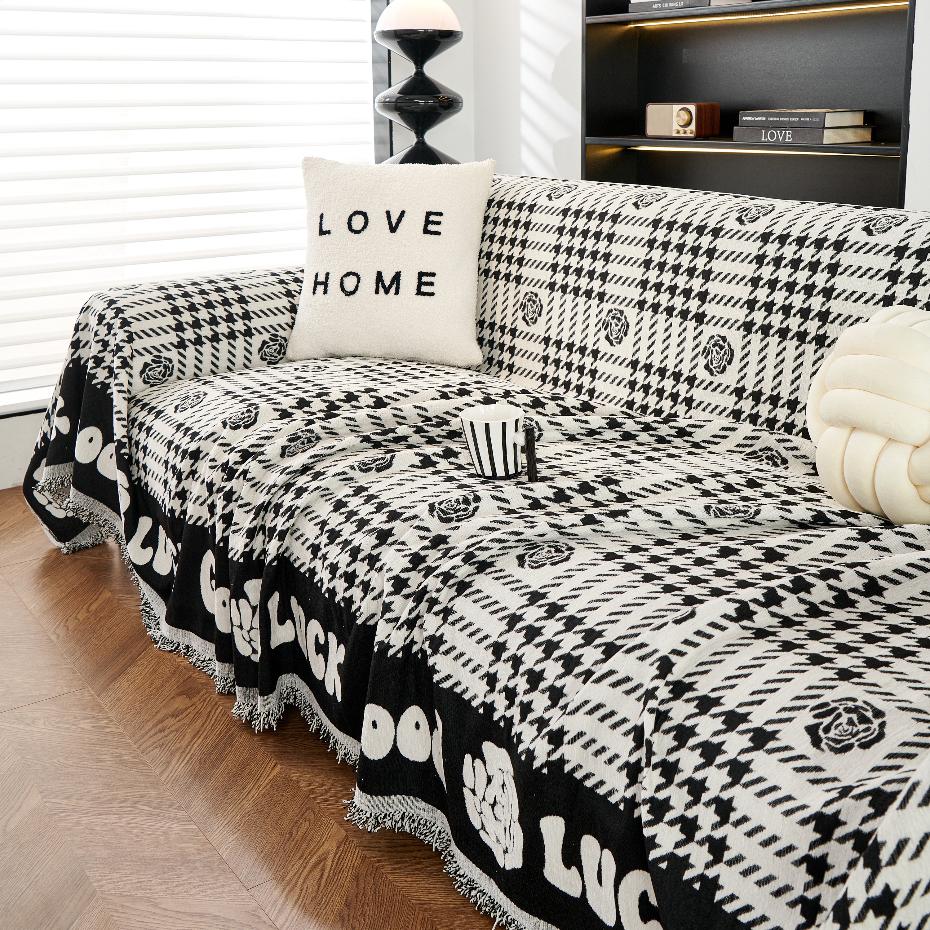 Chenille Houndstooth Sofa Throw Cover, Scratch Proof Cozy Throw Blankets for Couch