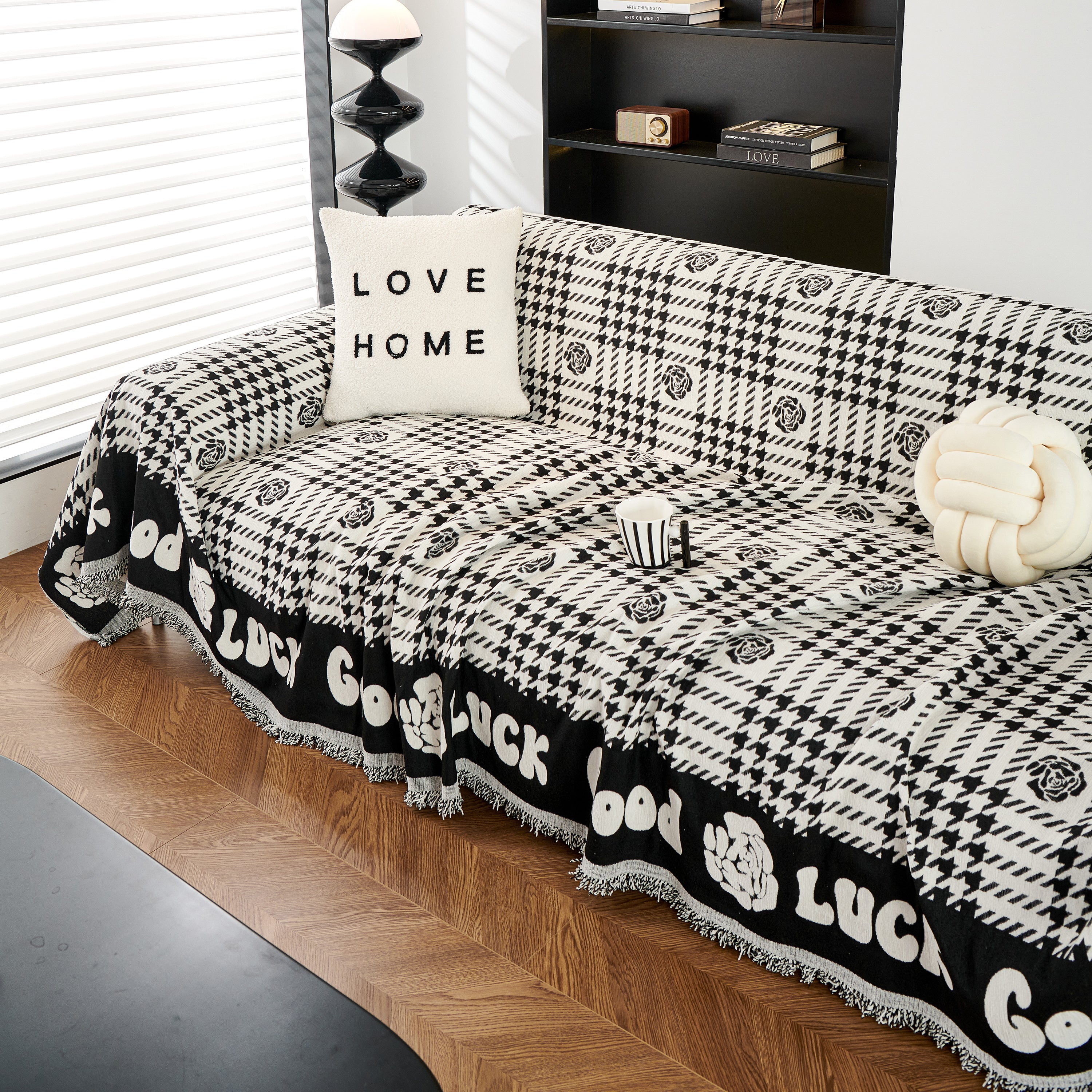 Chenille Houndstooth Sofa Throw Cover, Scratch Proof Cozy Throw Blankets for Couch