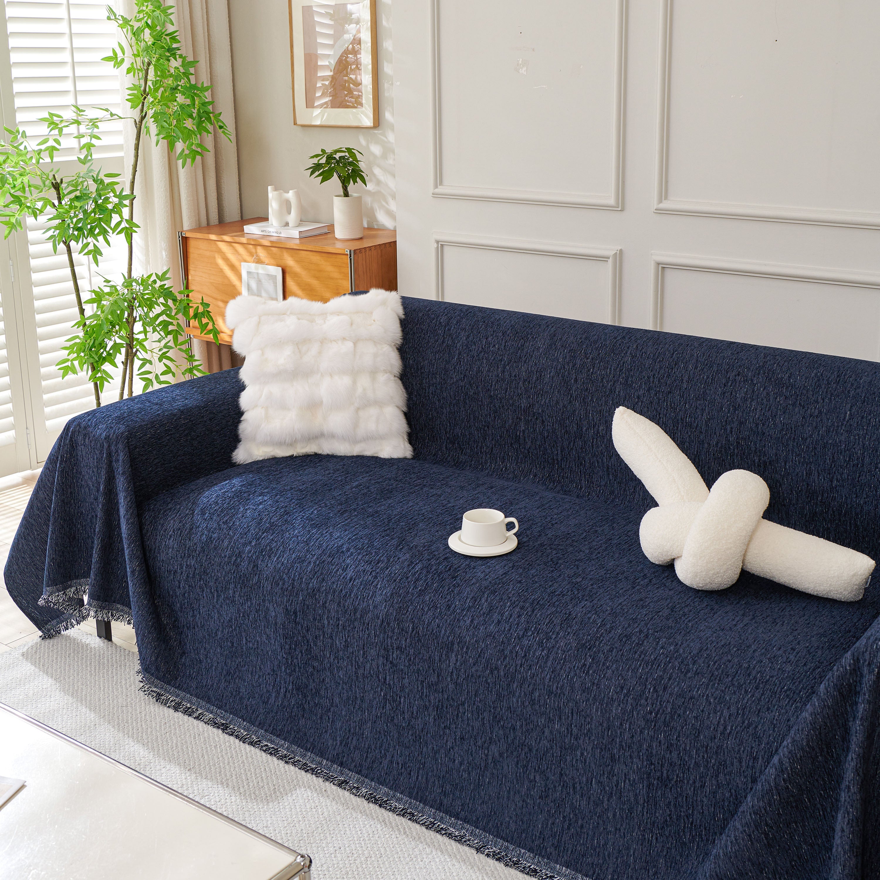 Solid Color Chenille Sofa Throw Blanket, Modern Decor Soft Couch Cover with Fringes