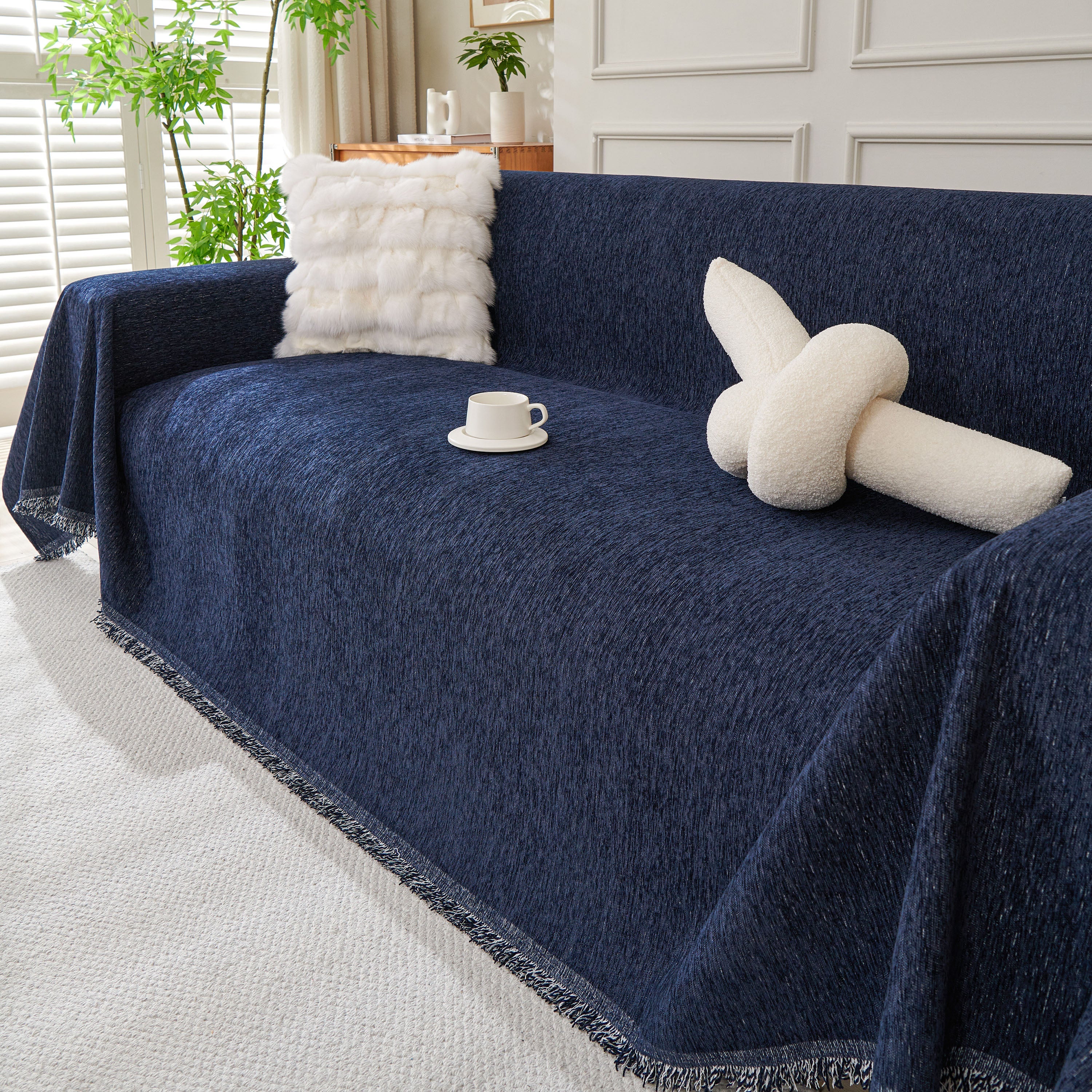 Solid Color Chenille Sofa Throw Blanket, Modern Decor Soft Couch Cover with Fringes