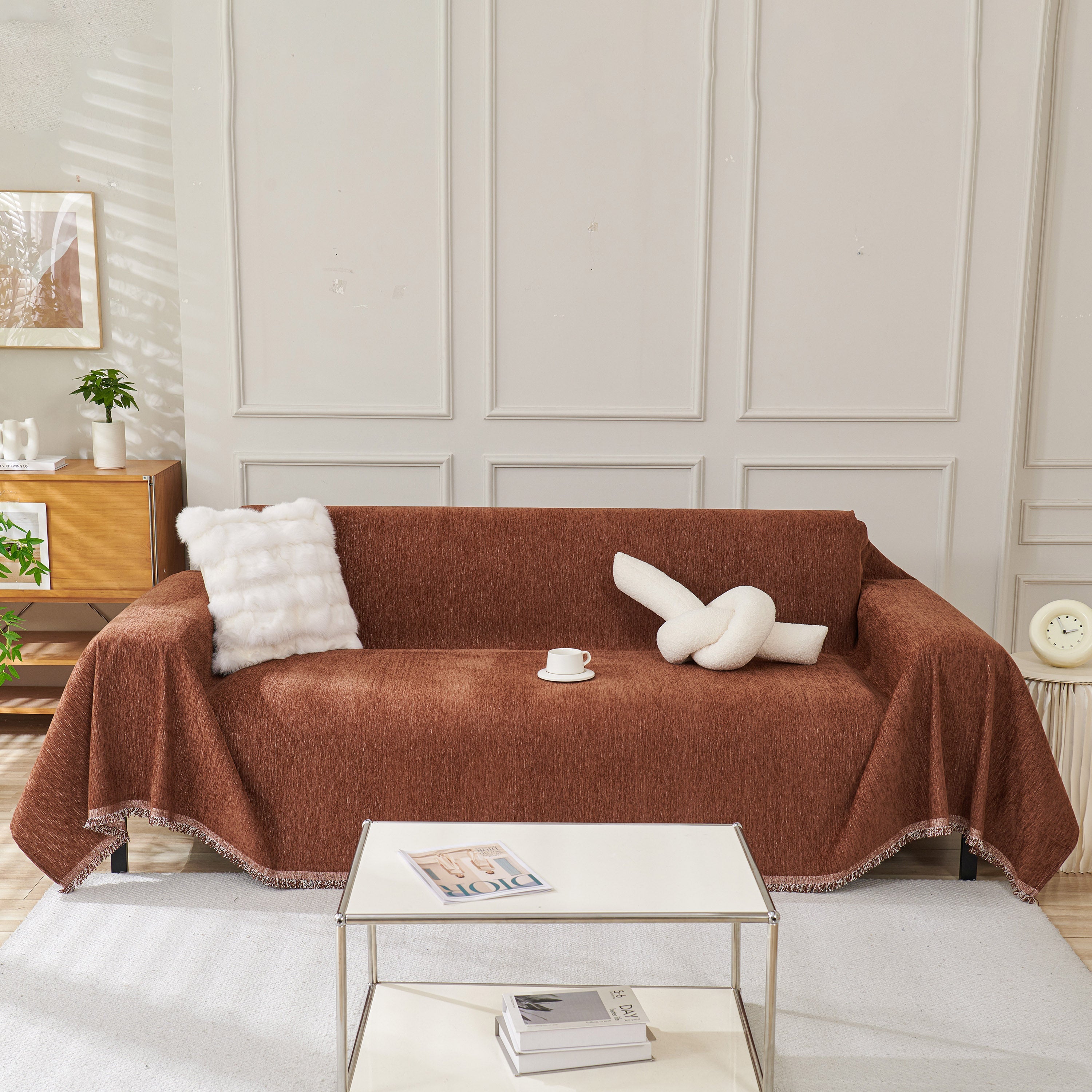 Solid Color Chenille Sofa Throw Blanket, Modern Decor Soft Couch Cover with Fringes