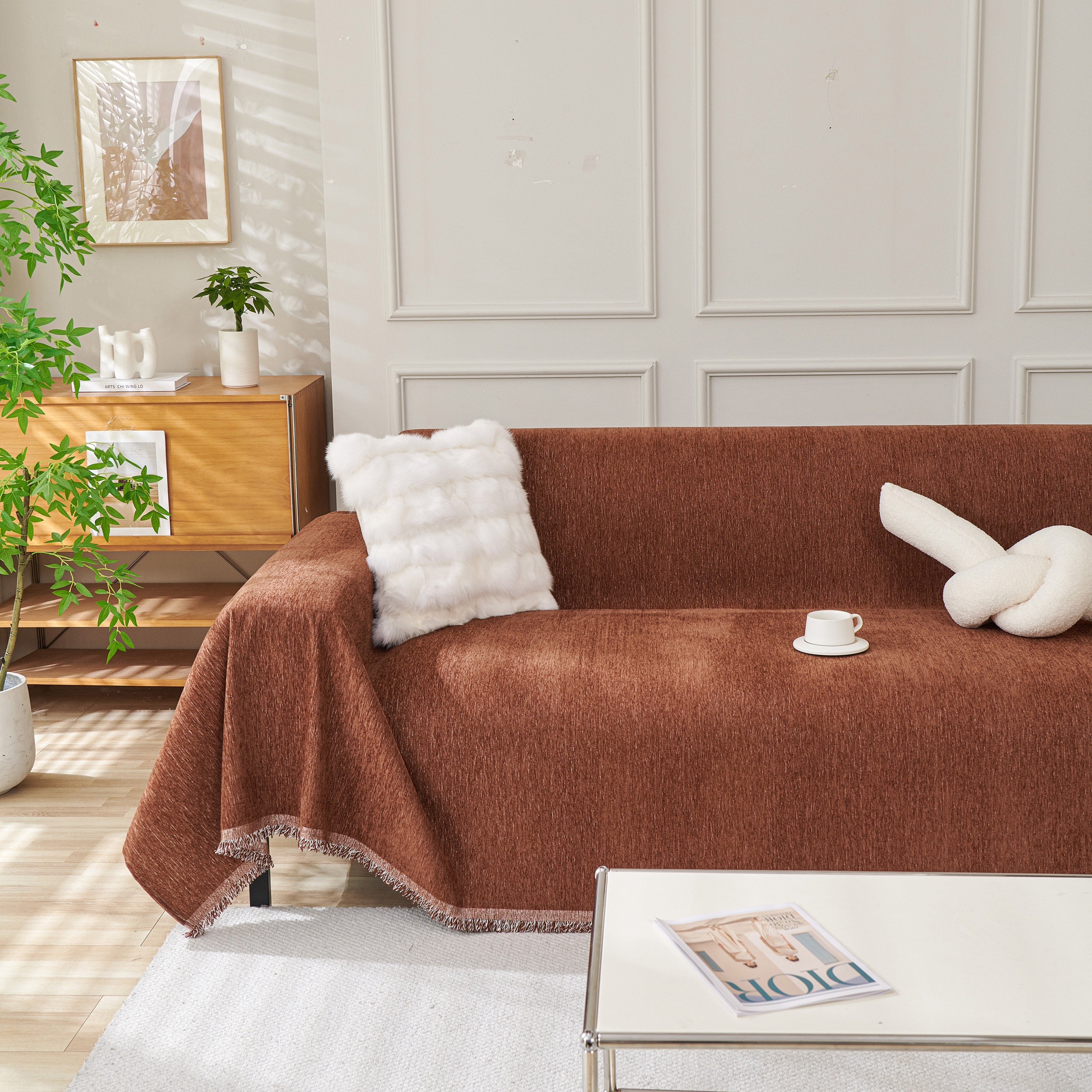 Solid Color Chenille Sofa Throw Blanket, Modern Decor Soft Couch Cover with Fringes