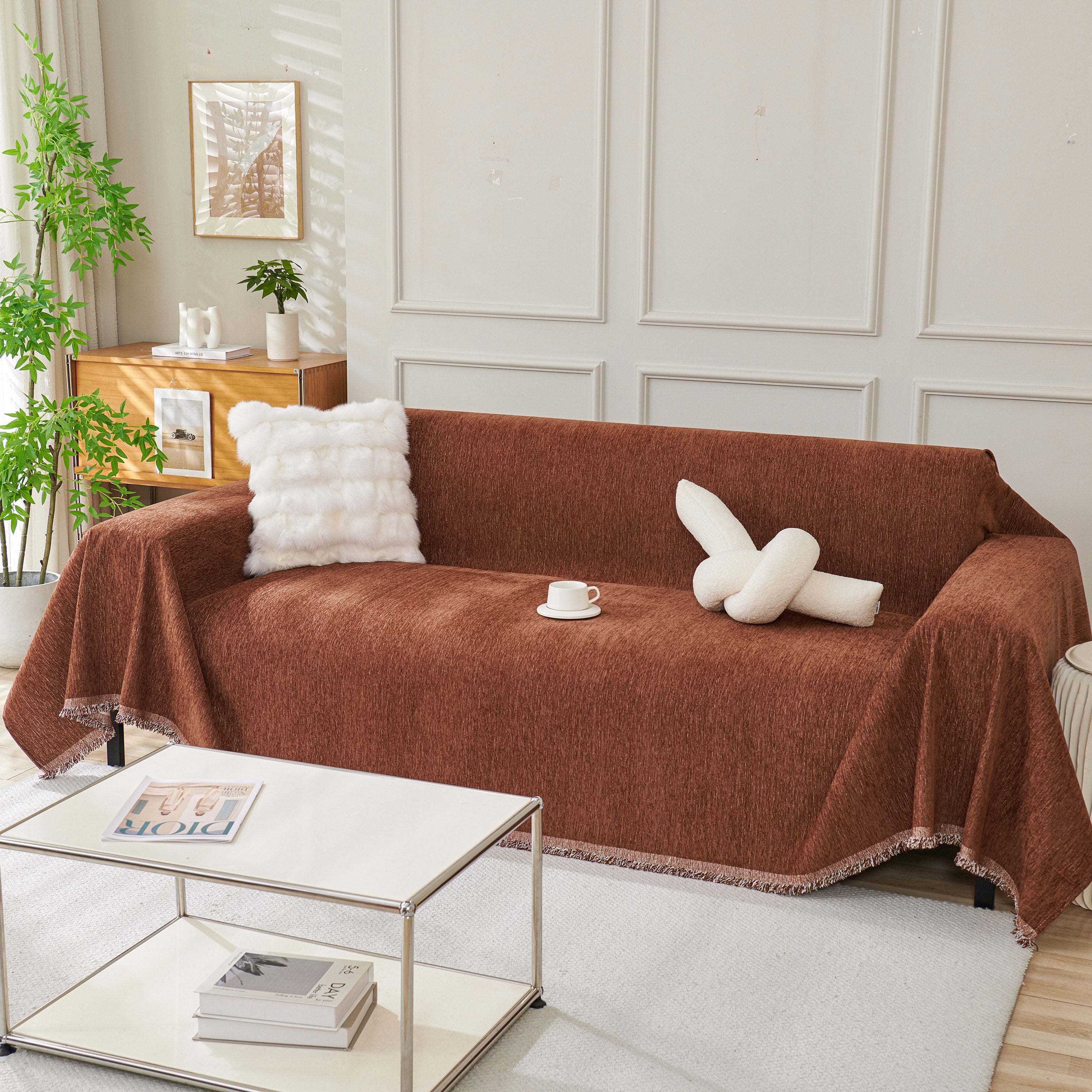 Solid Color Chenille Sofa Throw Blanket, Modern Decor Soft Couch Cover with Fringes