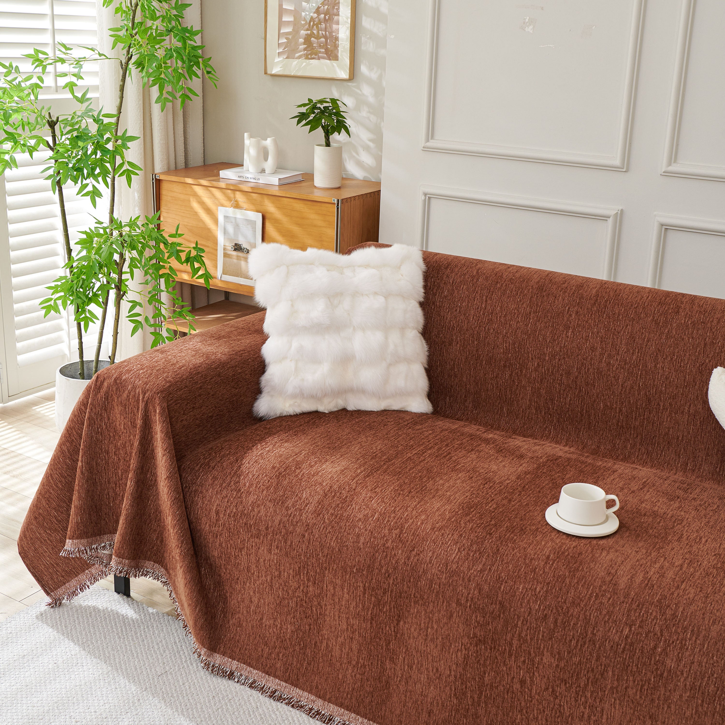 Solid Color Chenille Sofa Throw Blanket, Modern Decor Soft Couch Cover with Fringes
