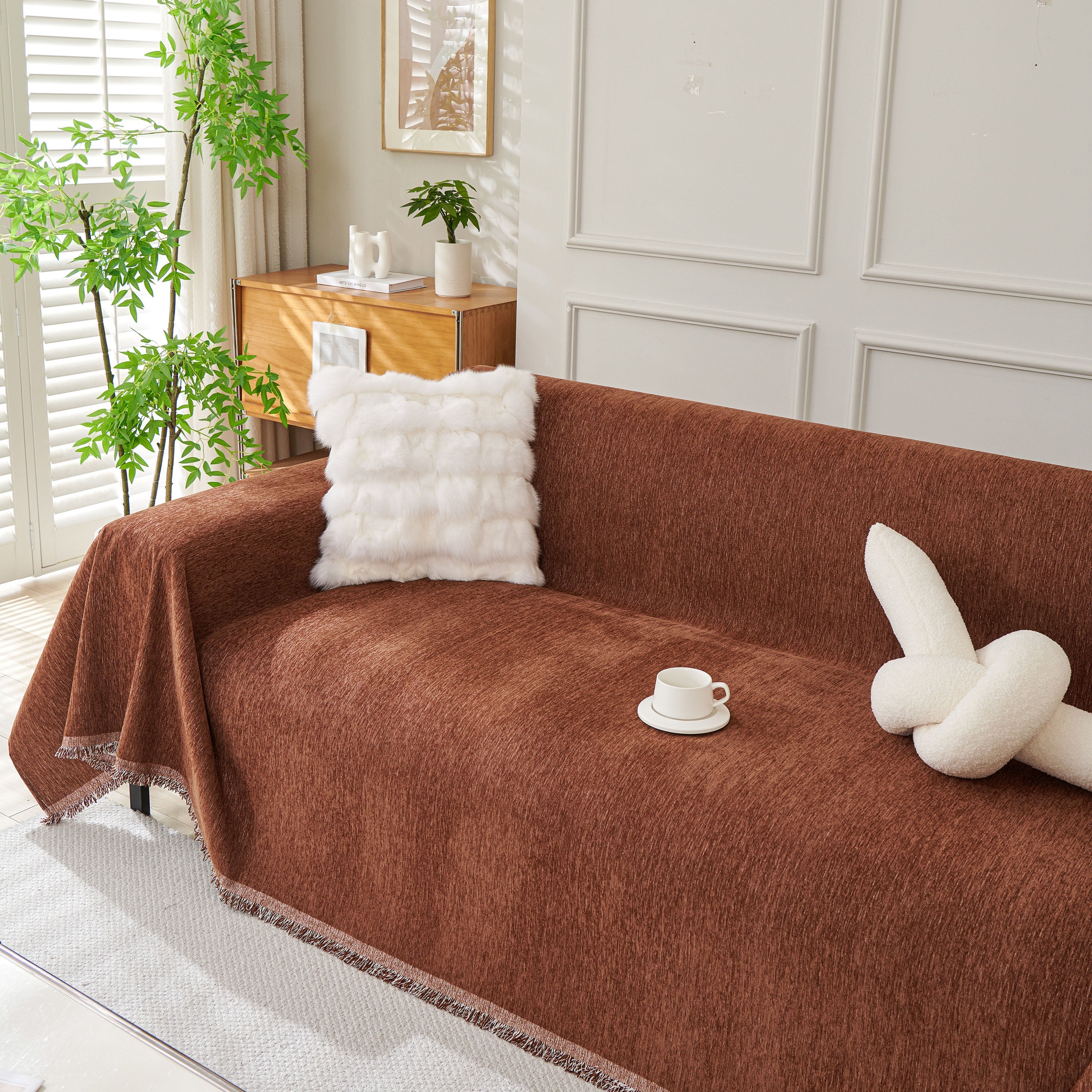 Solid Color Chenille Sofa Throw Blanket, Modern Decor Soft Couch Cover with Fringes