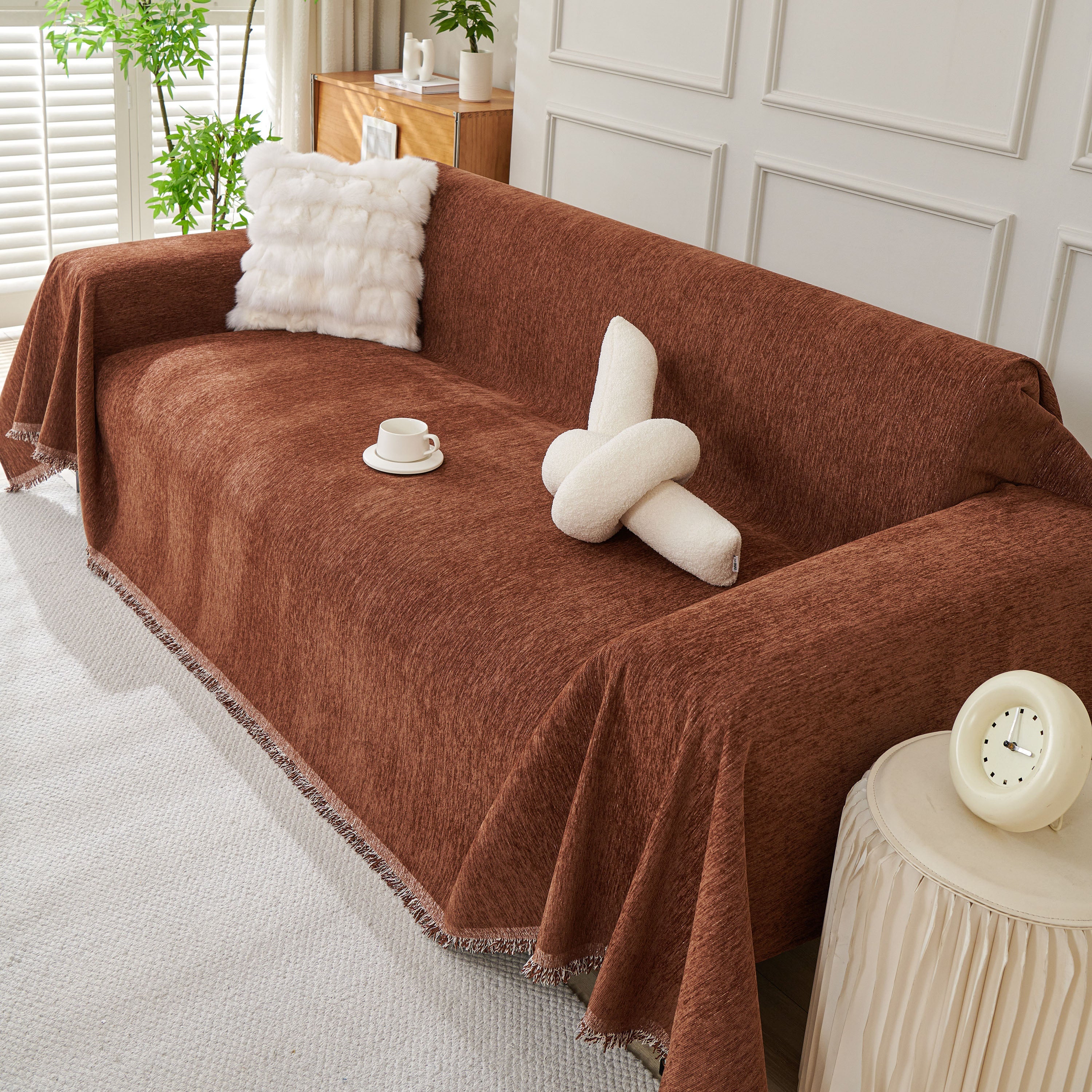 Solid Color Chenille Sofa Throw Blanket, Modern Decor Soft Couch Cover with Fringes