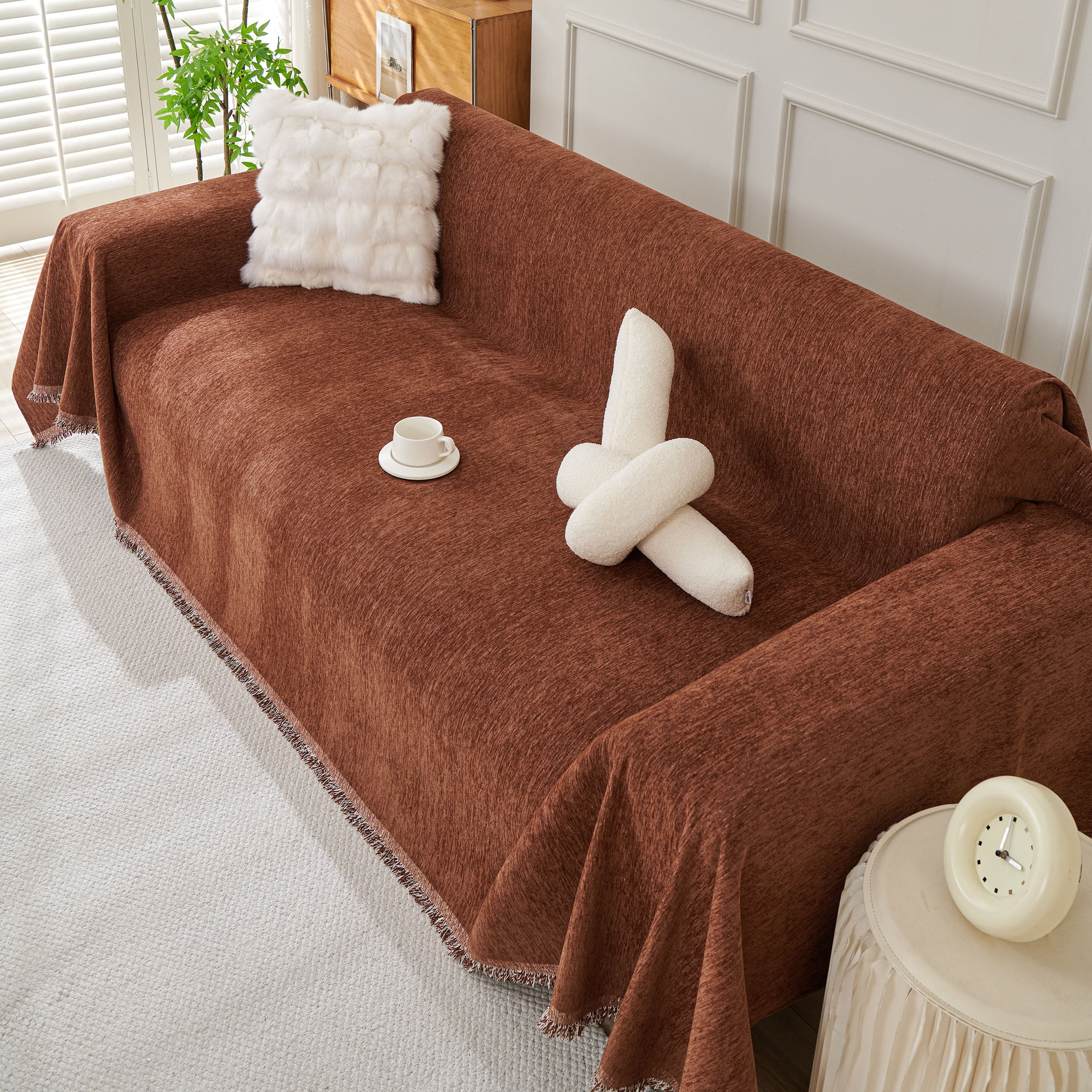 Solid Color Chenille Sofa Throw Blanket, Modern Decor Soft Couch Cover with Fringes