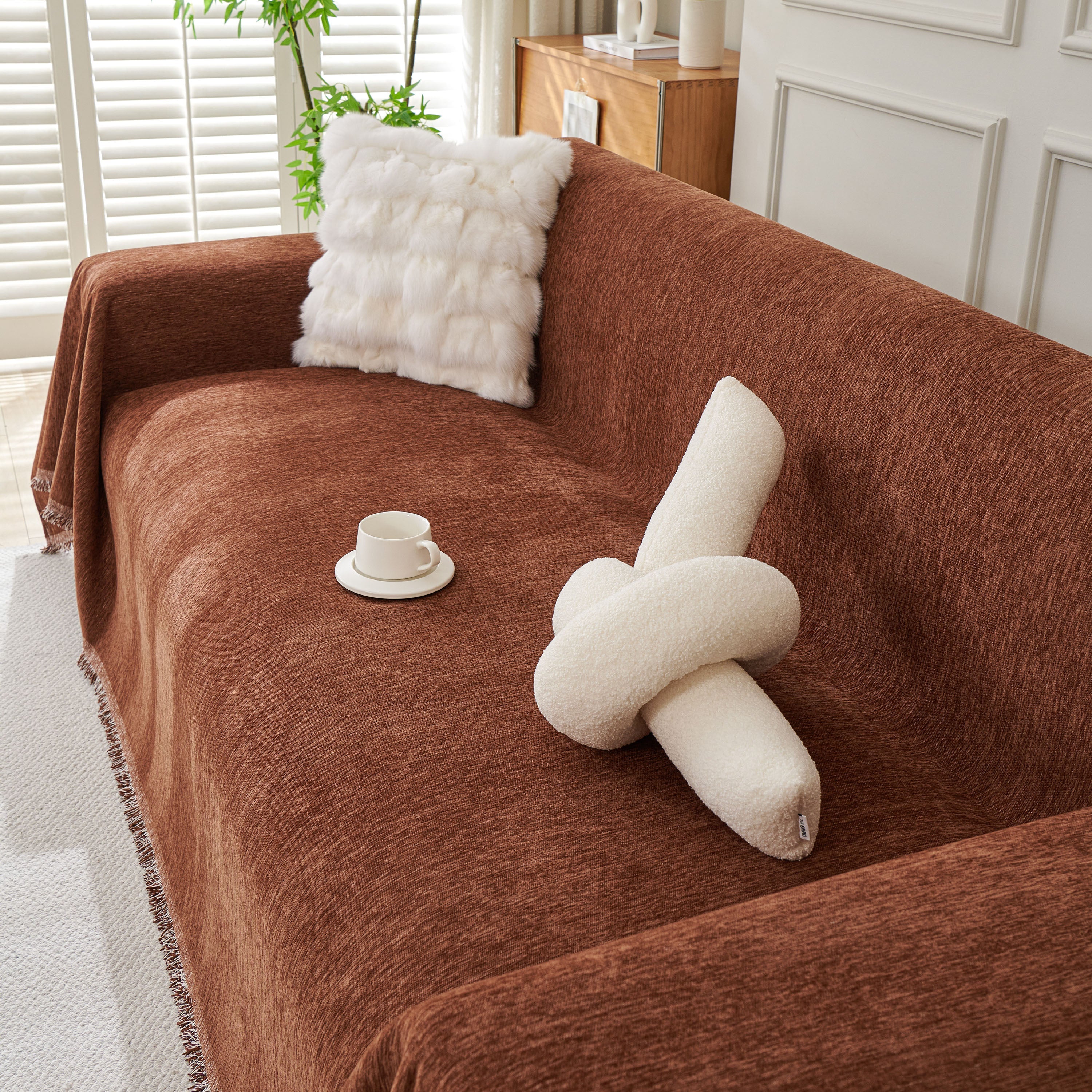 Solid Color Chenille Sofa Throw Blanket, Modern Decor Soft Couch Cover with Fringes