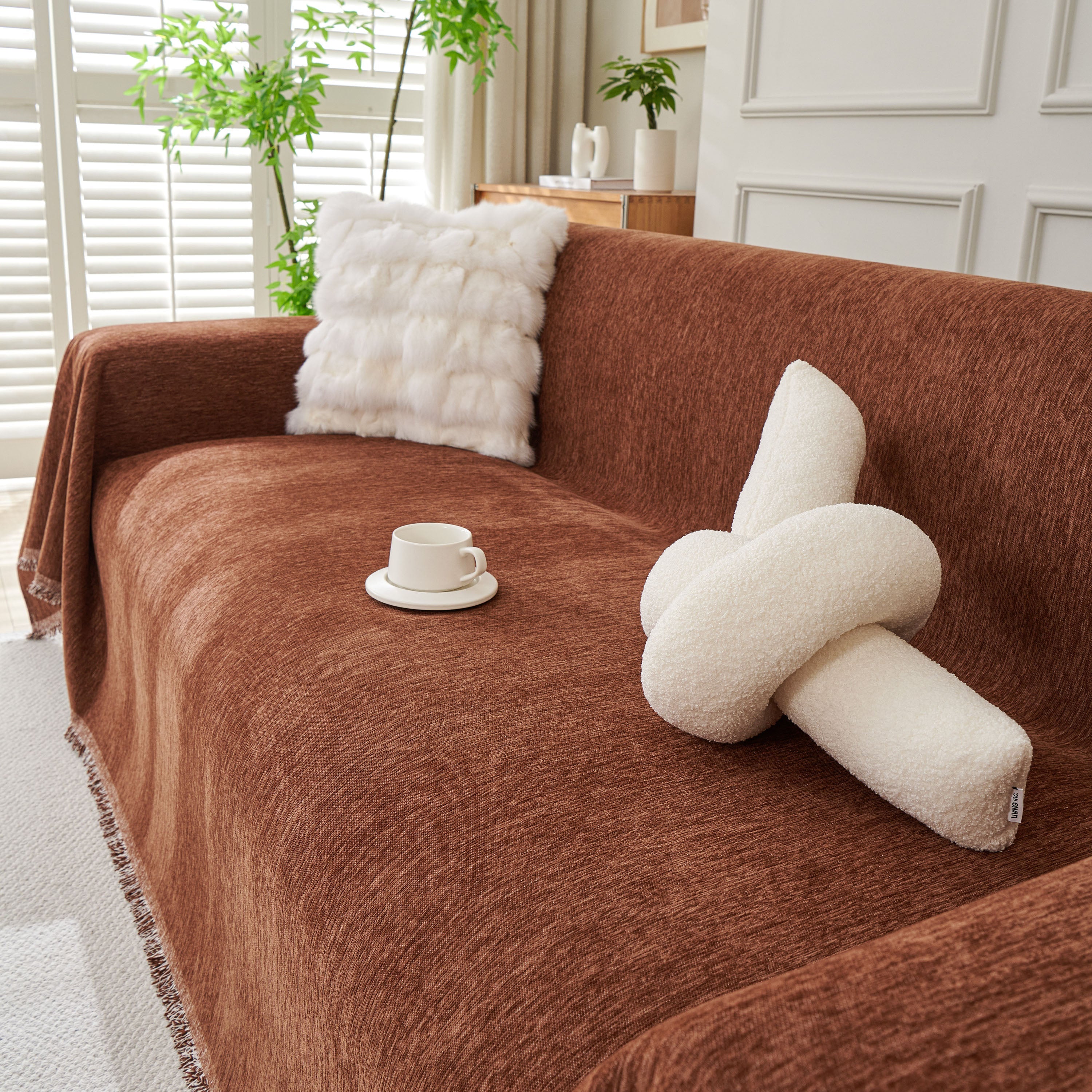 Solid Color Chenille Sofa Throw Blanket, Modern Decor Soft Couch Cover with Fringes