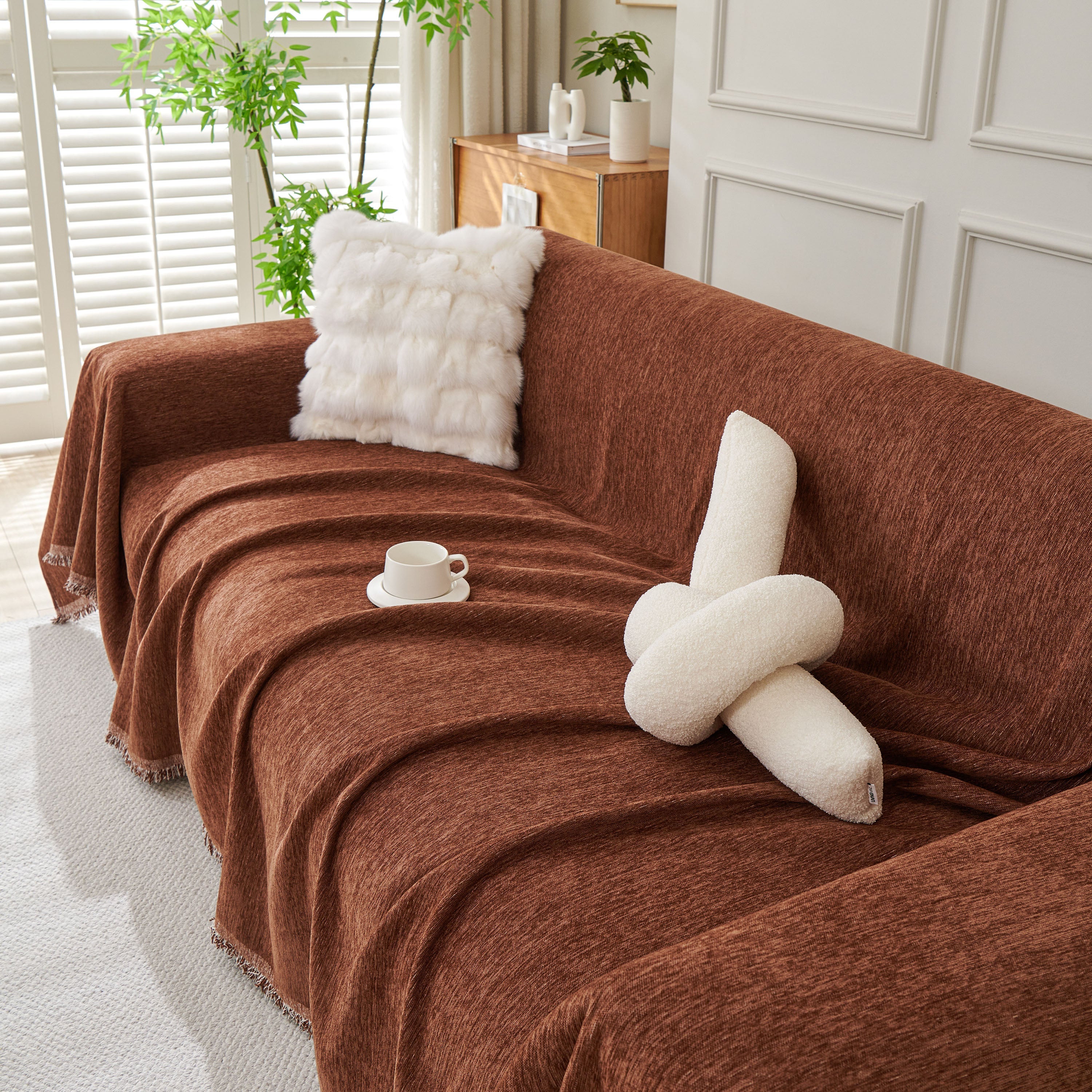 Solid Color Chenille Sofa Throw Blanket, Modern Decor Soft Couch Cover with Fringes