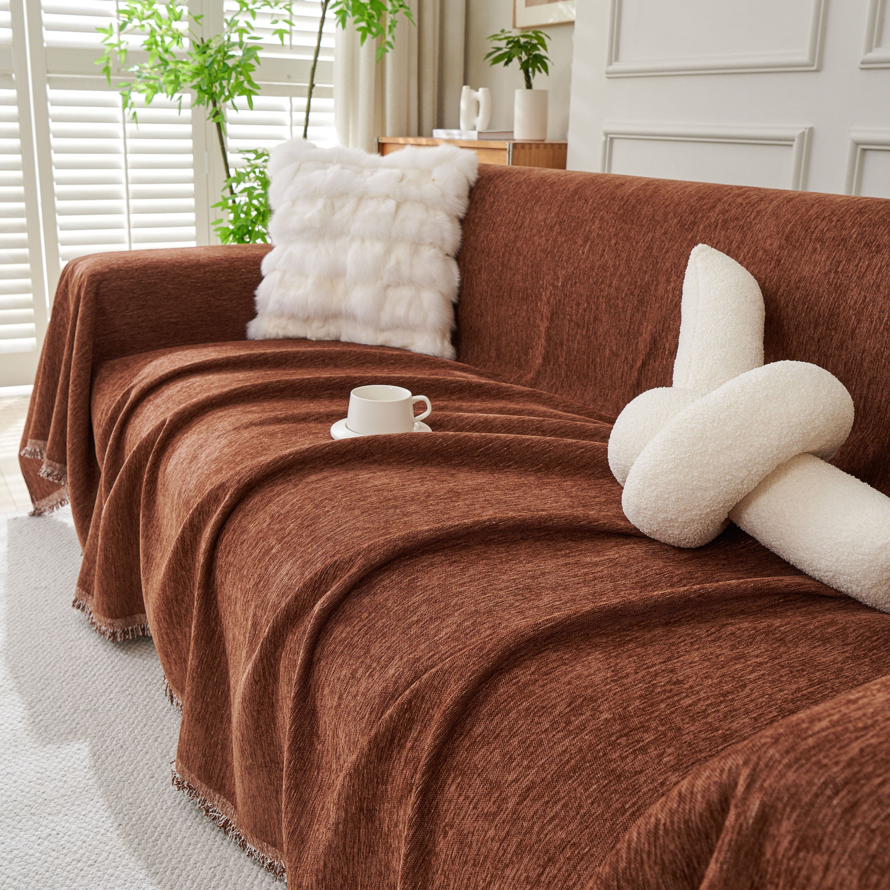 Solid Color Chenille Sofa Throw Blanket, Modern Decor Soft Couch Cover with Fringes