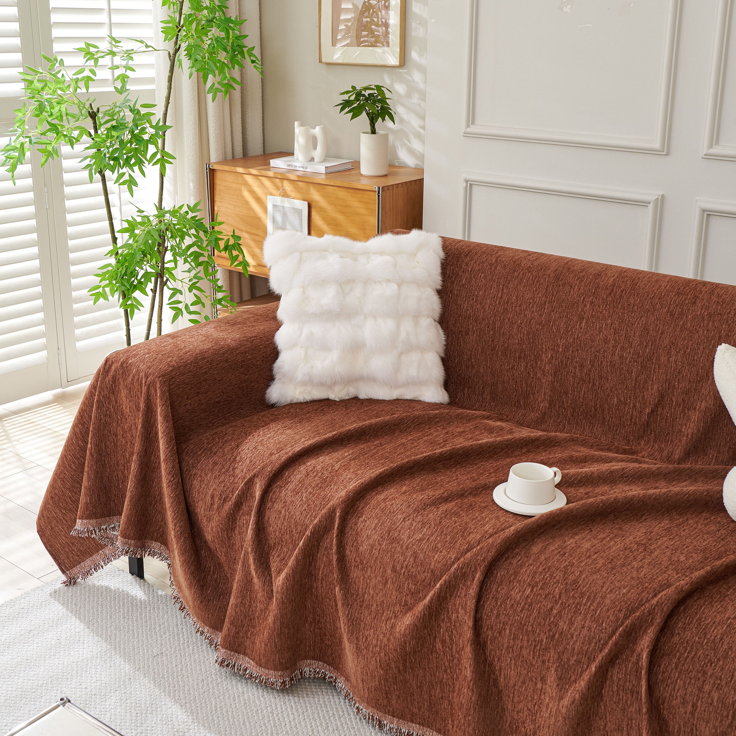 Solid Color Chenille Sofa Throw Blanket, Modern Decor Soft Couch Cover with Fringes