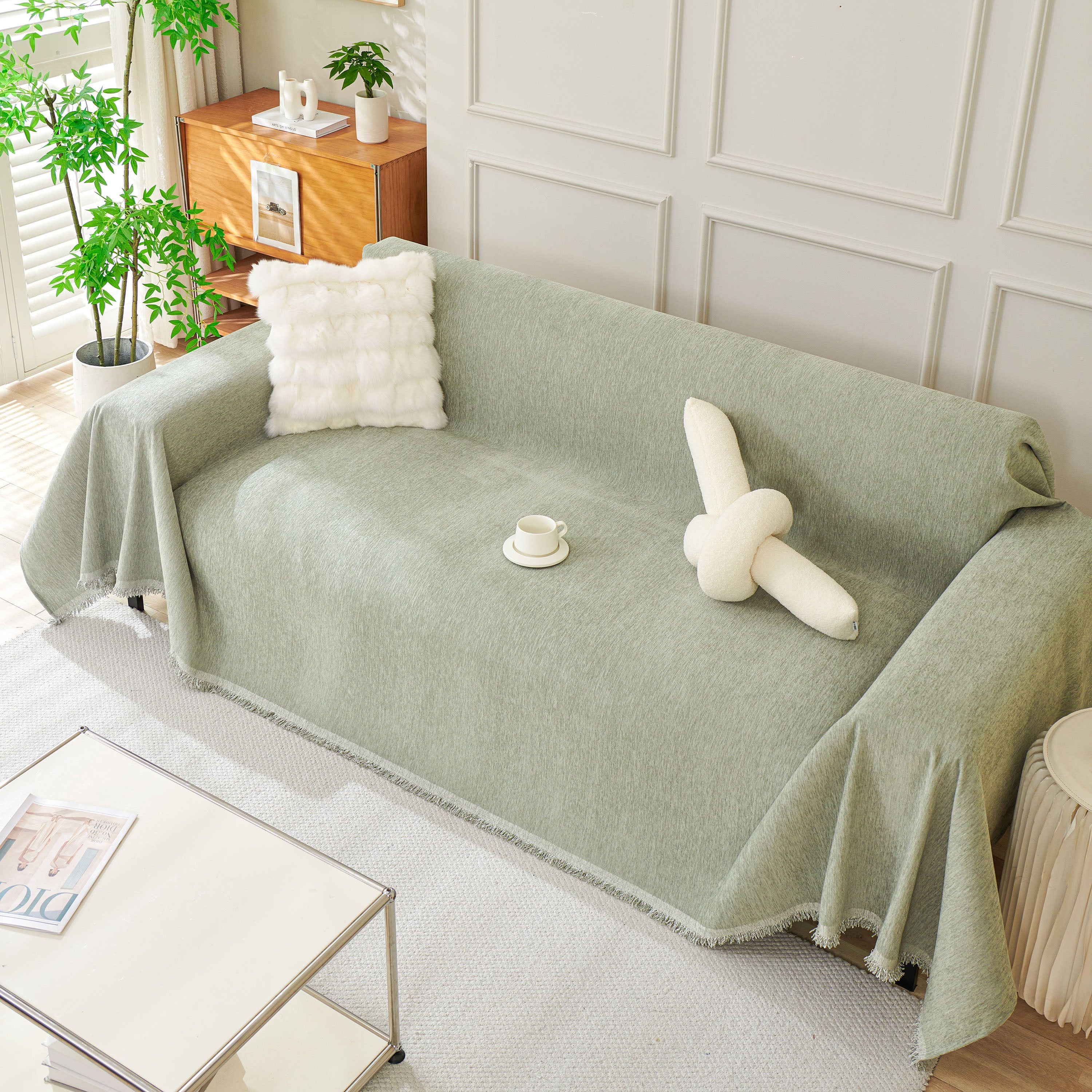 Solid Color Chenille Sofa Throw Blanket, Modern Decor Soft Couch Cover with Fringes