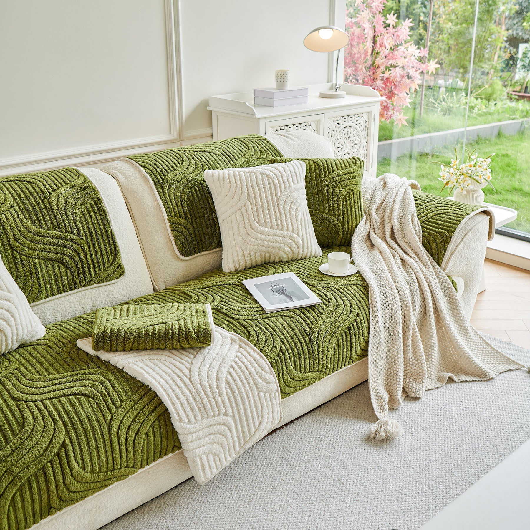 Luxury Plush Non-Slip Sofa Covers, Soft Fuzzy Embossed Sofa Topper & Seat Covers