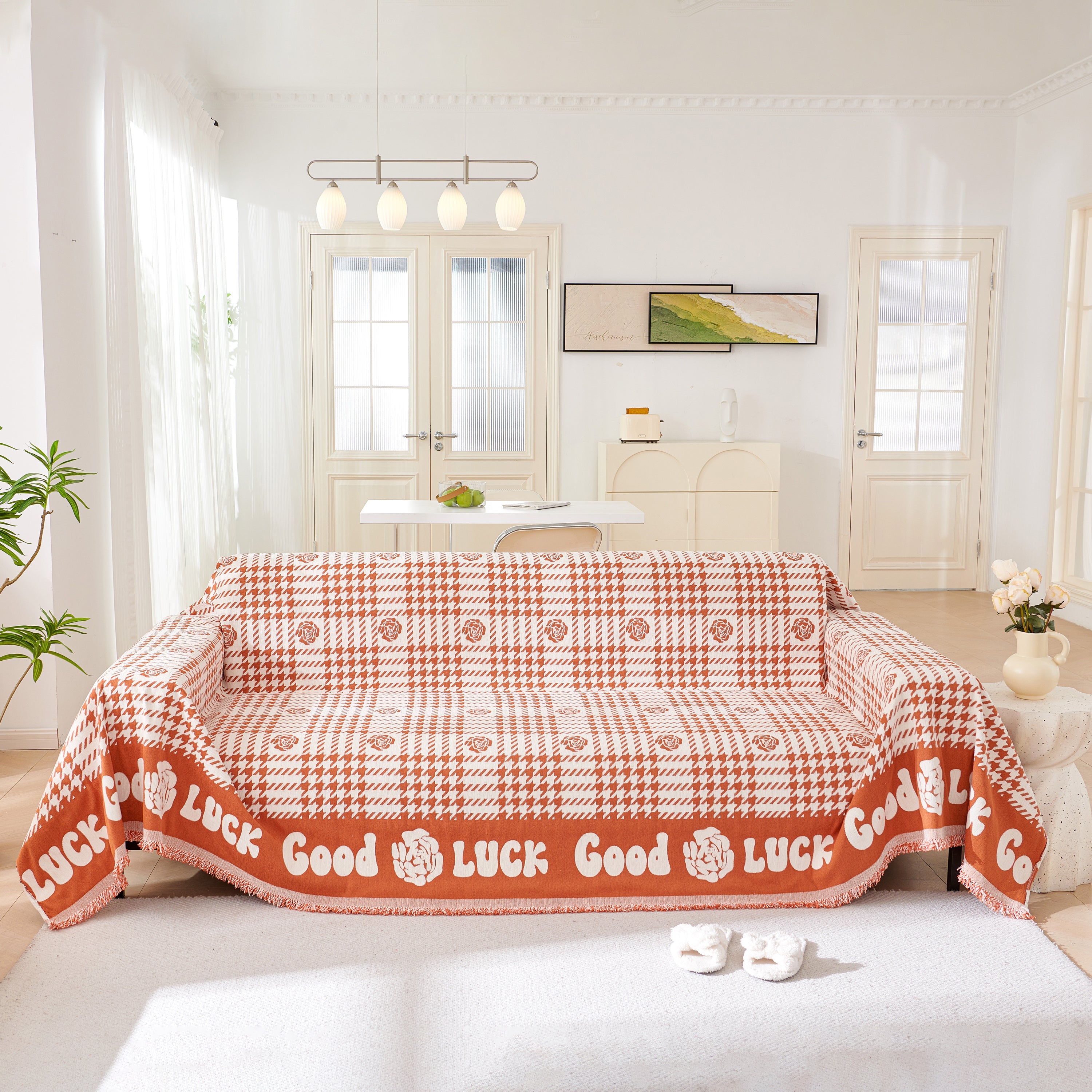 Chenille Houndstooth Sofa Throw Cover, Scratch Proof Cozy Throw Blankets for Couch