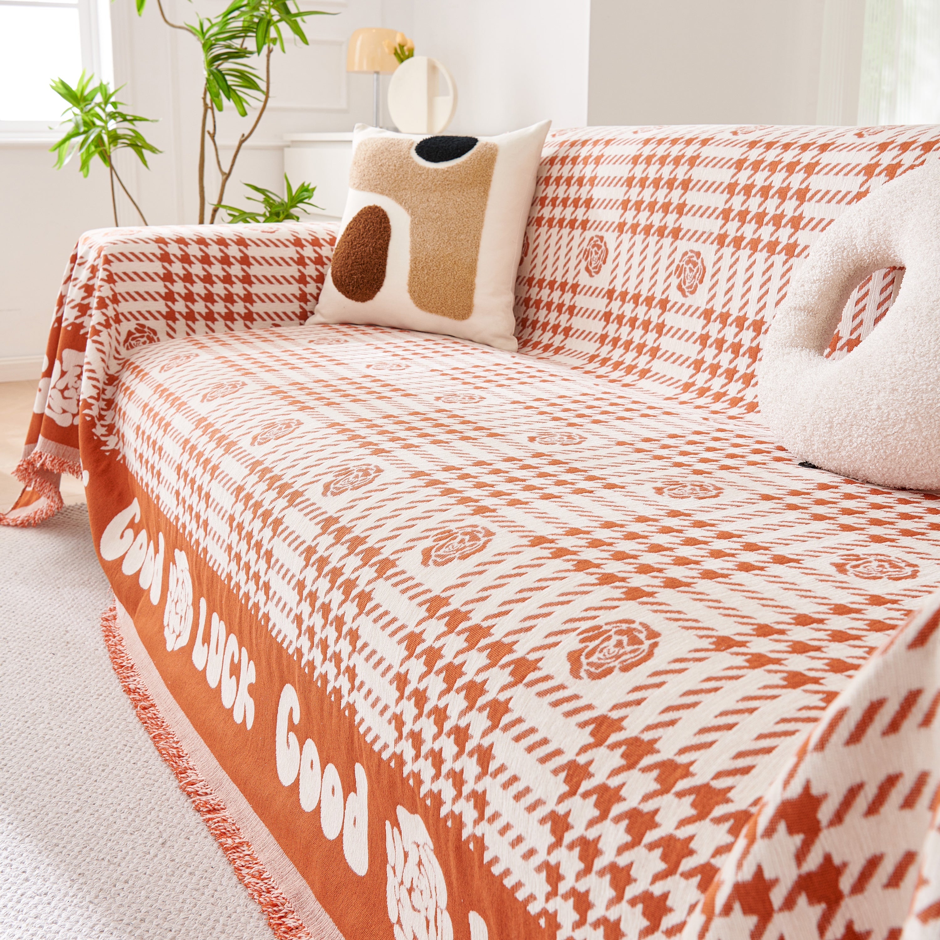 Chenille Houndstooth Sofa Throw Cover, Scratch Proof Cozy Throw Blankets for Couch