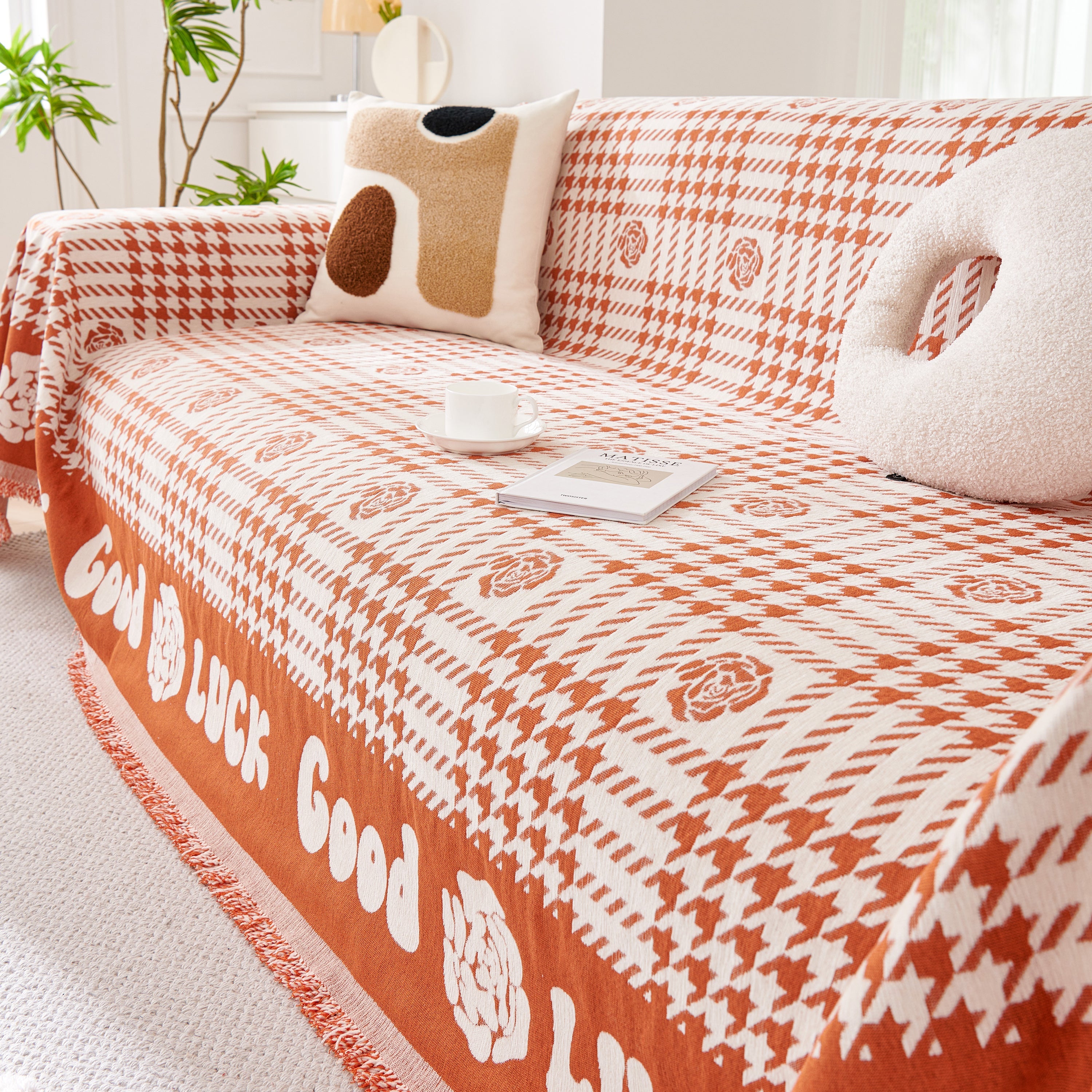 Chenille Houndstooth Sofa Throw Cover, Scratch Proof Cozy Throw Blankets for Couch