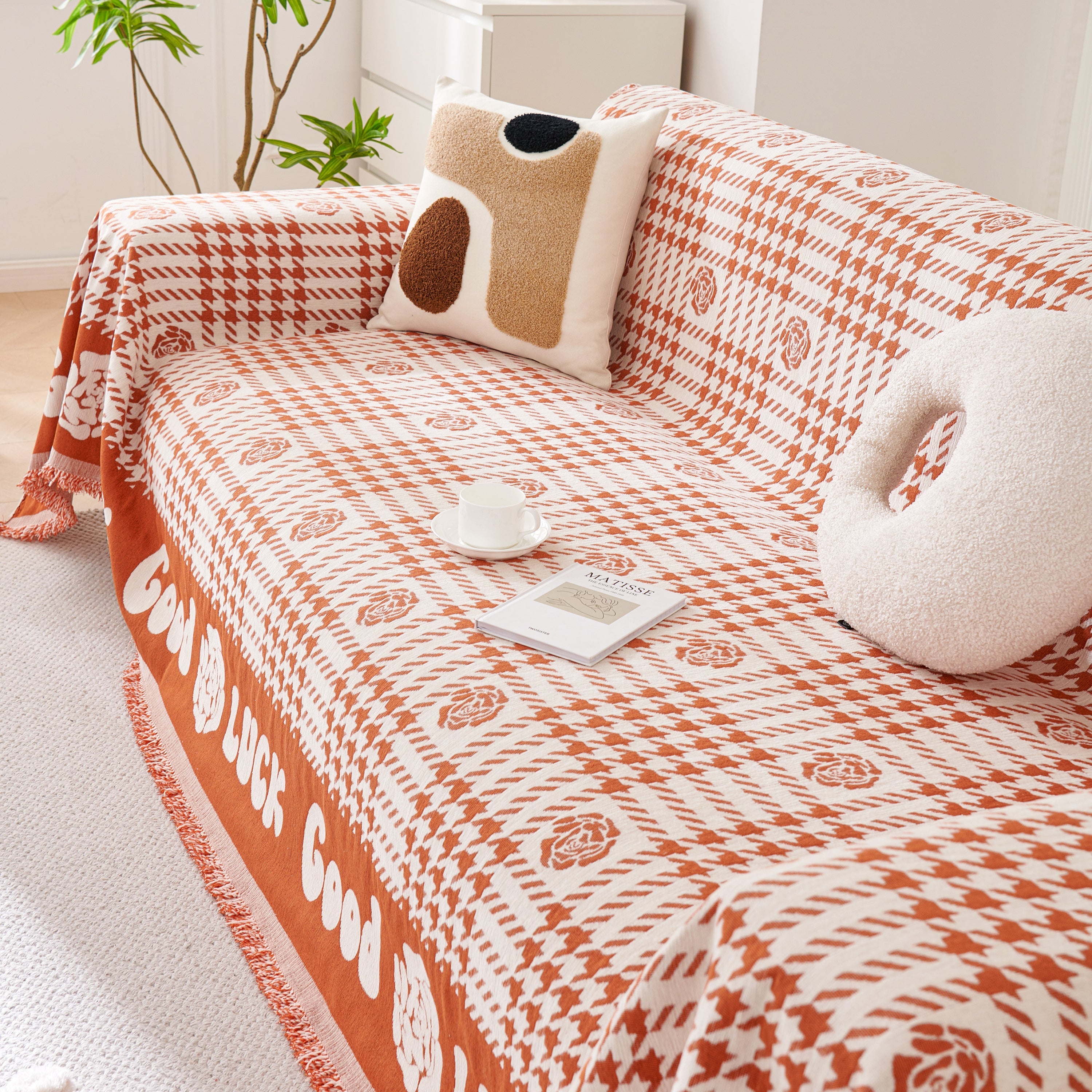 Chenille Houndstooth Sofa Throw Cover, Scratch Proof Cozy Throw Blankets for Couch