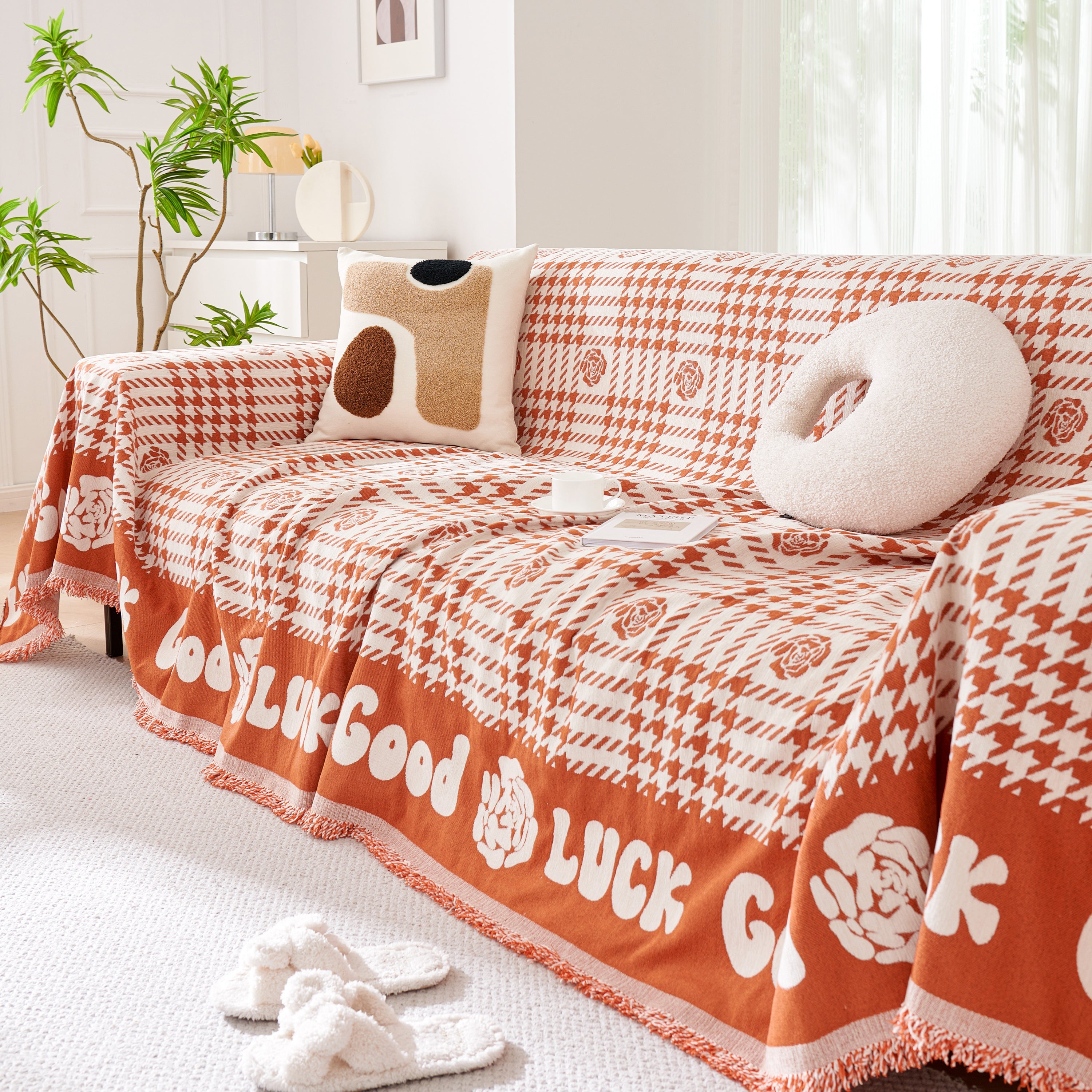 Chenille Houndstooth Sofa Throw Cover, Scratch Proof Cozy Throw Blankets for Couch