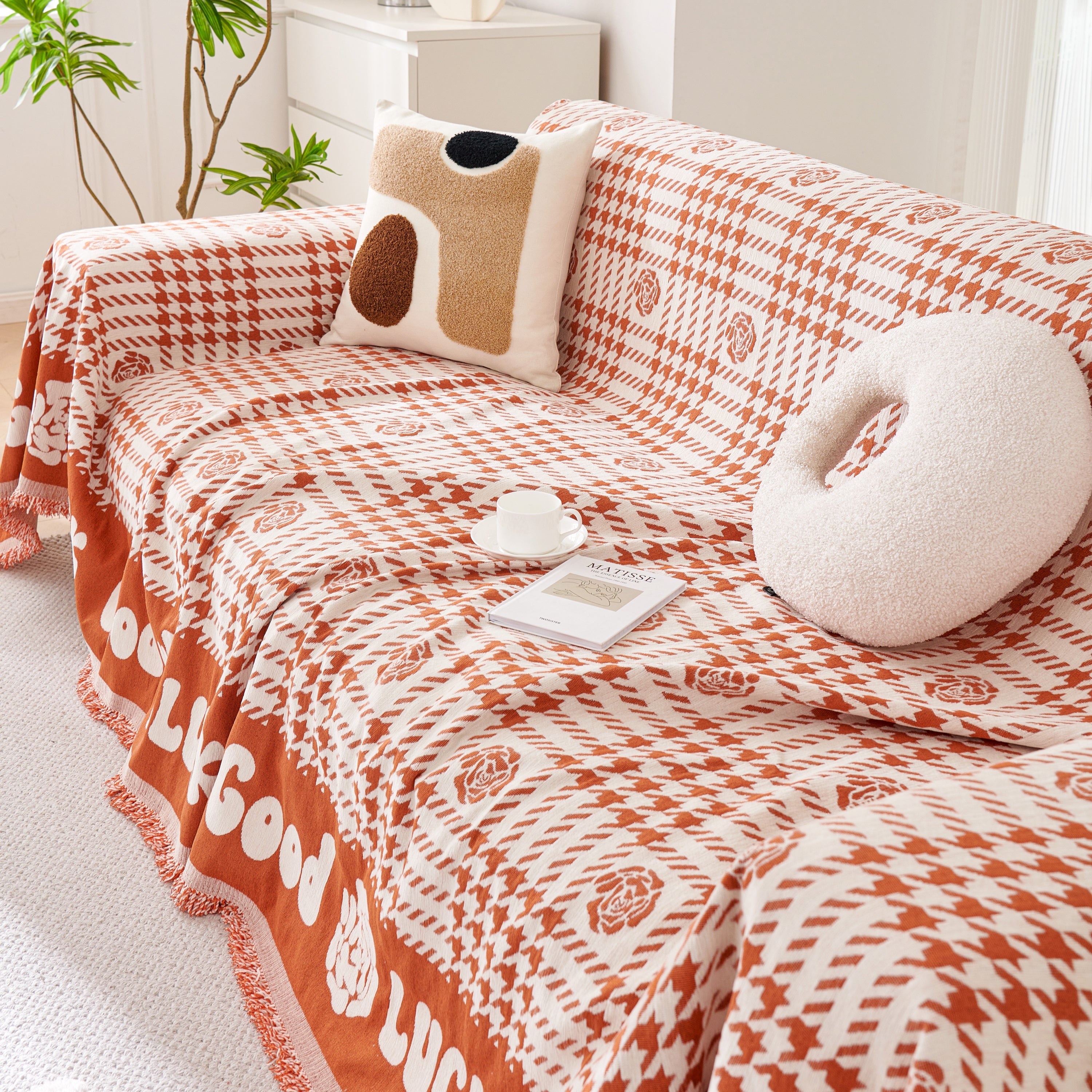 Chenille Houndstooth Sofa Throw Cover, Scratch Proof Cozy Throw Blankets for Couch