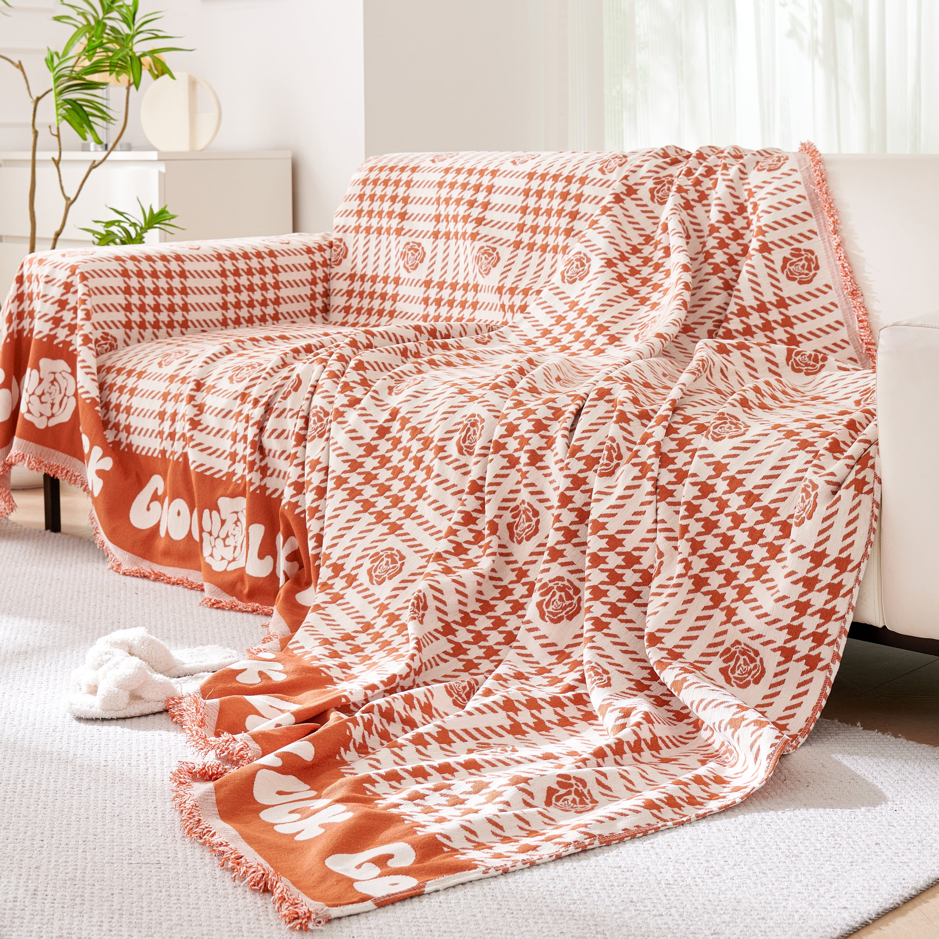 Chenille Houndstooth Sofa Throw Cover, Scratch Proof Cozy Throw Blankets for Couch