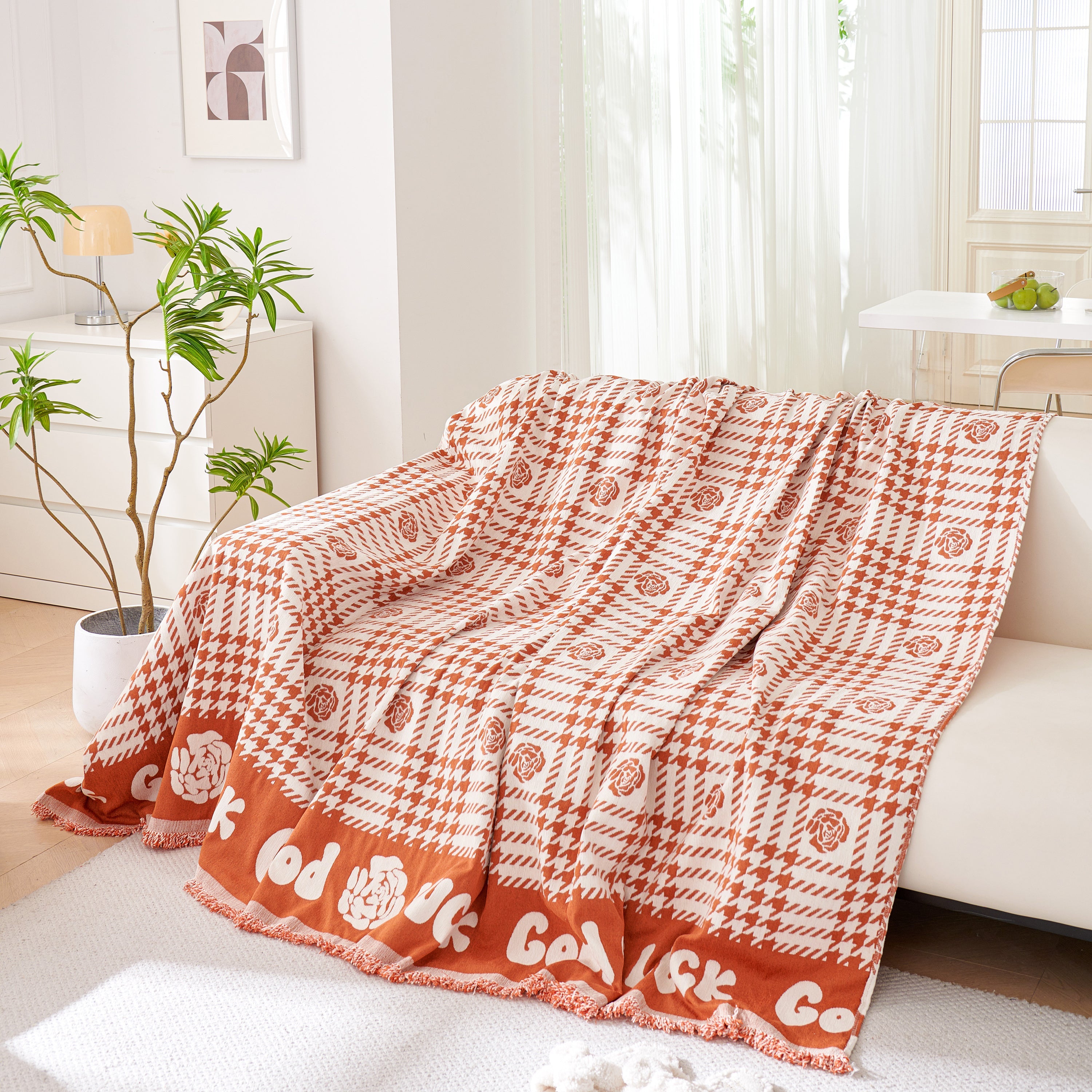 Chenille Houndstooth Sofa Throw Cover, Scratch Proof Cozy Throw Blankets for Couch