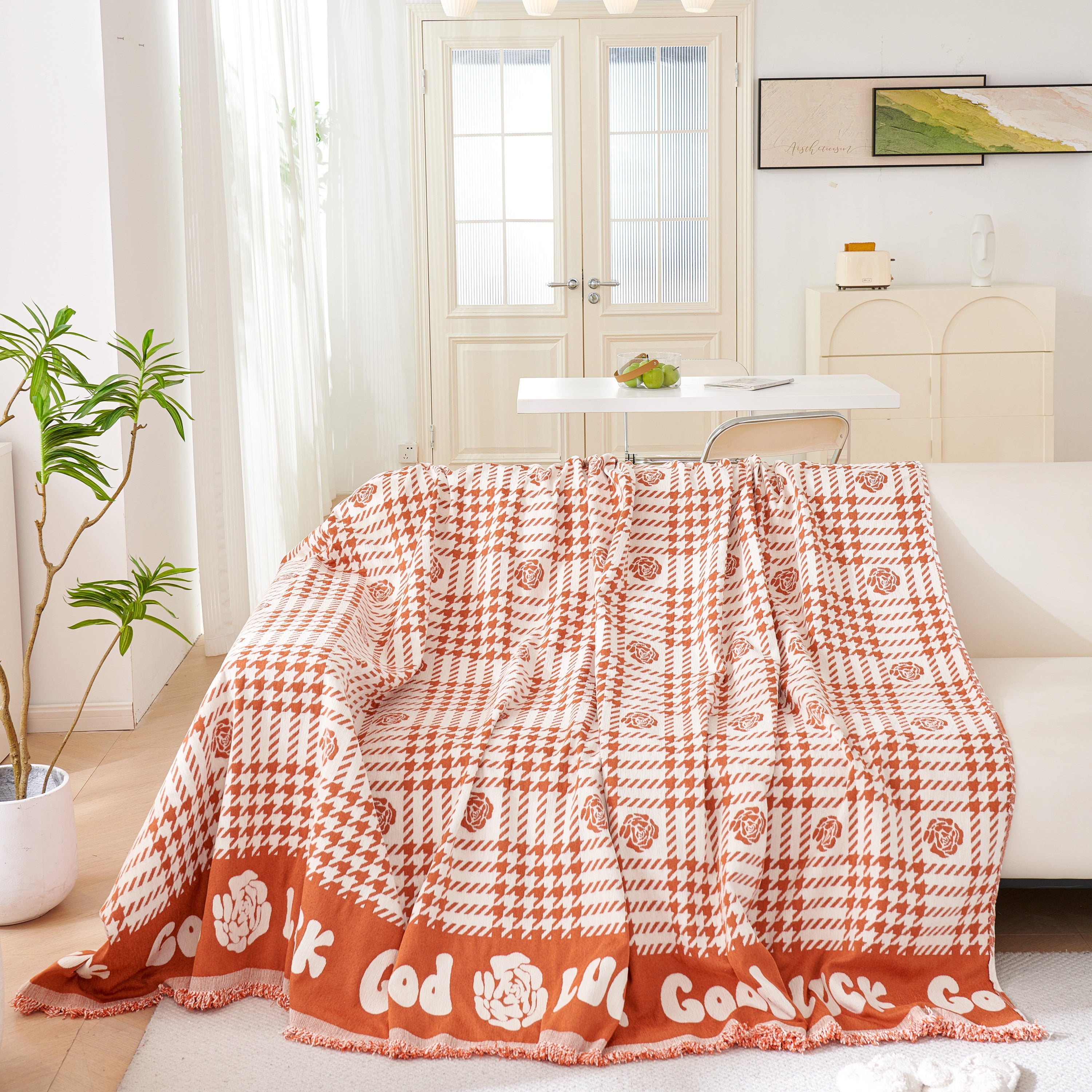 Chenille Houndstooth Sofa Throw Cover, Scratch Proof Cozy Throw Blankets for Couch