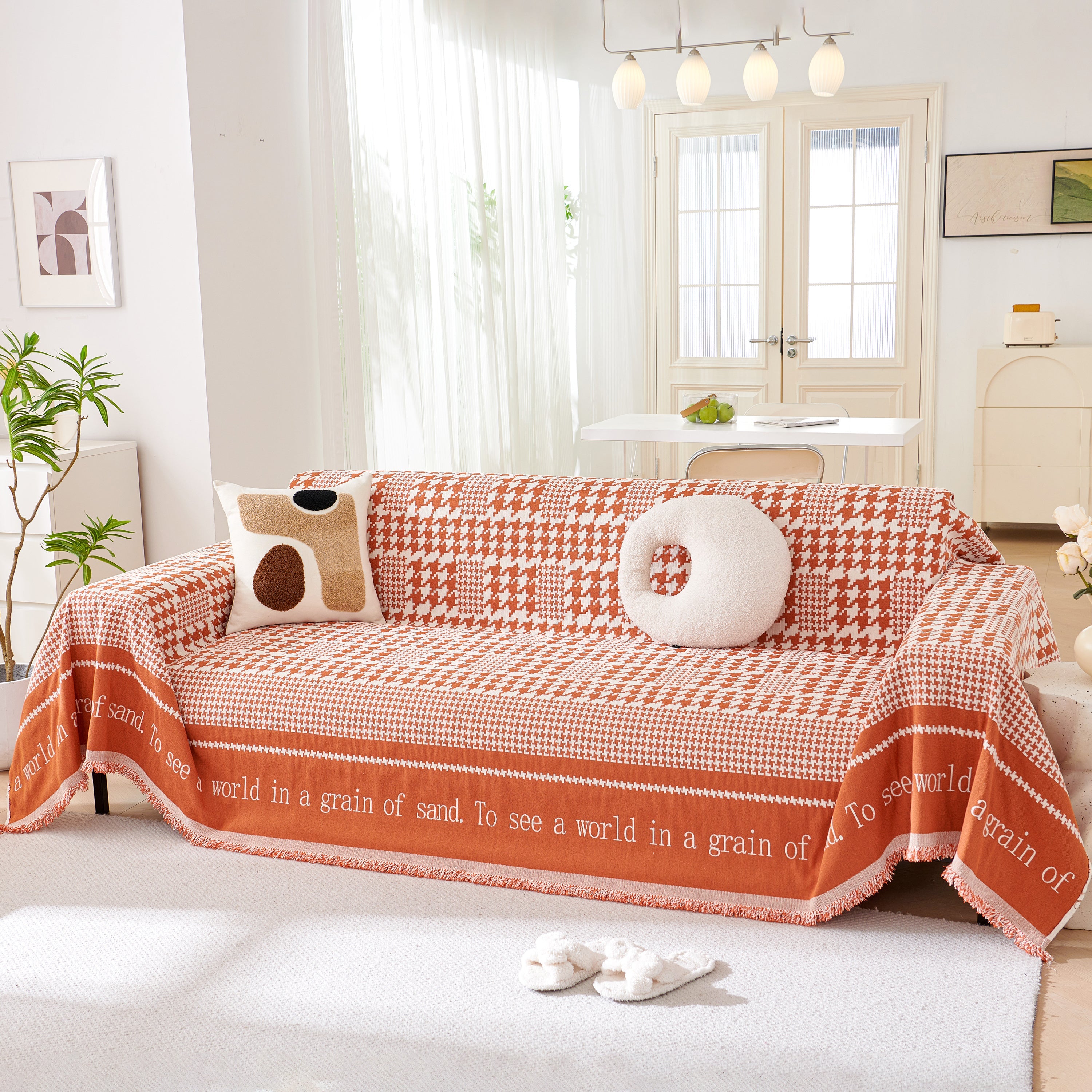 Chenille Houndstooth Couch Cover, Chaise Lounge Blanket Cover, Sectional Couch Scratch Protector