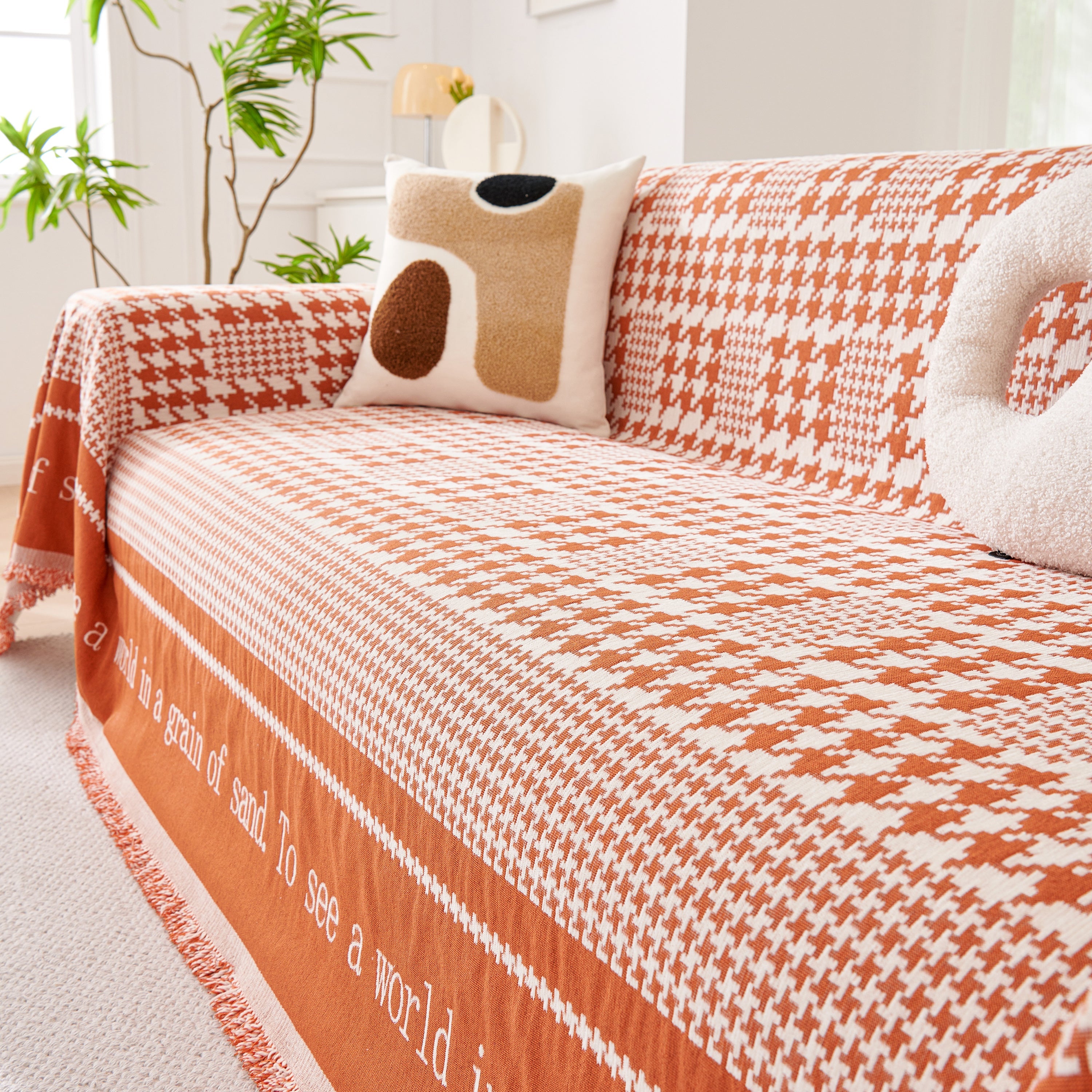 Chenille Houndstooth Couch Cover, Chaise Lounge Blanket Cover, Sectional Couch Scratch Protector
