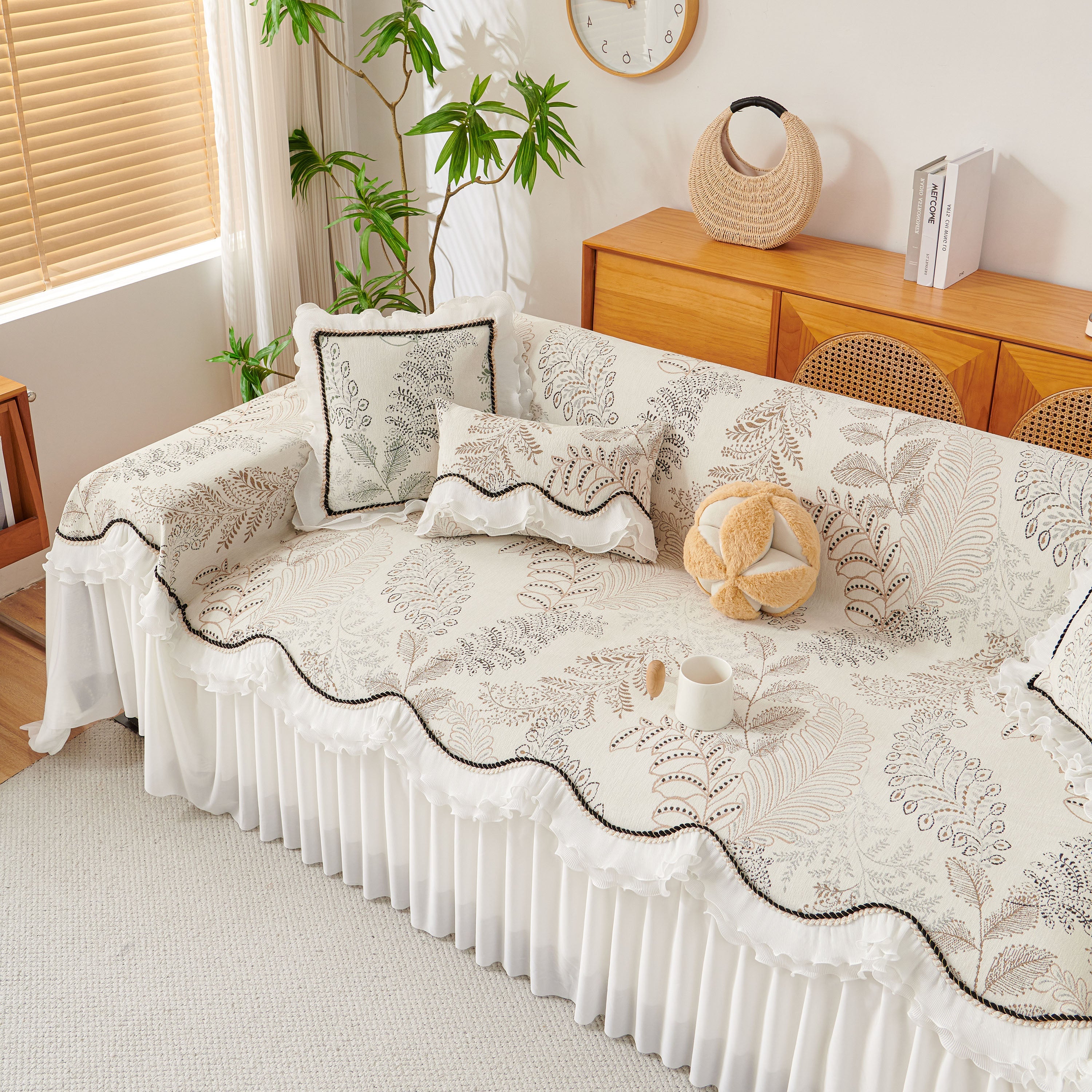 Farmhouse Ruffled Lace Sofa Slipcover Vintage Furniture Protector with Botanical Print