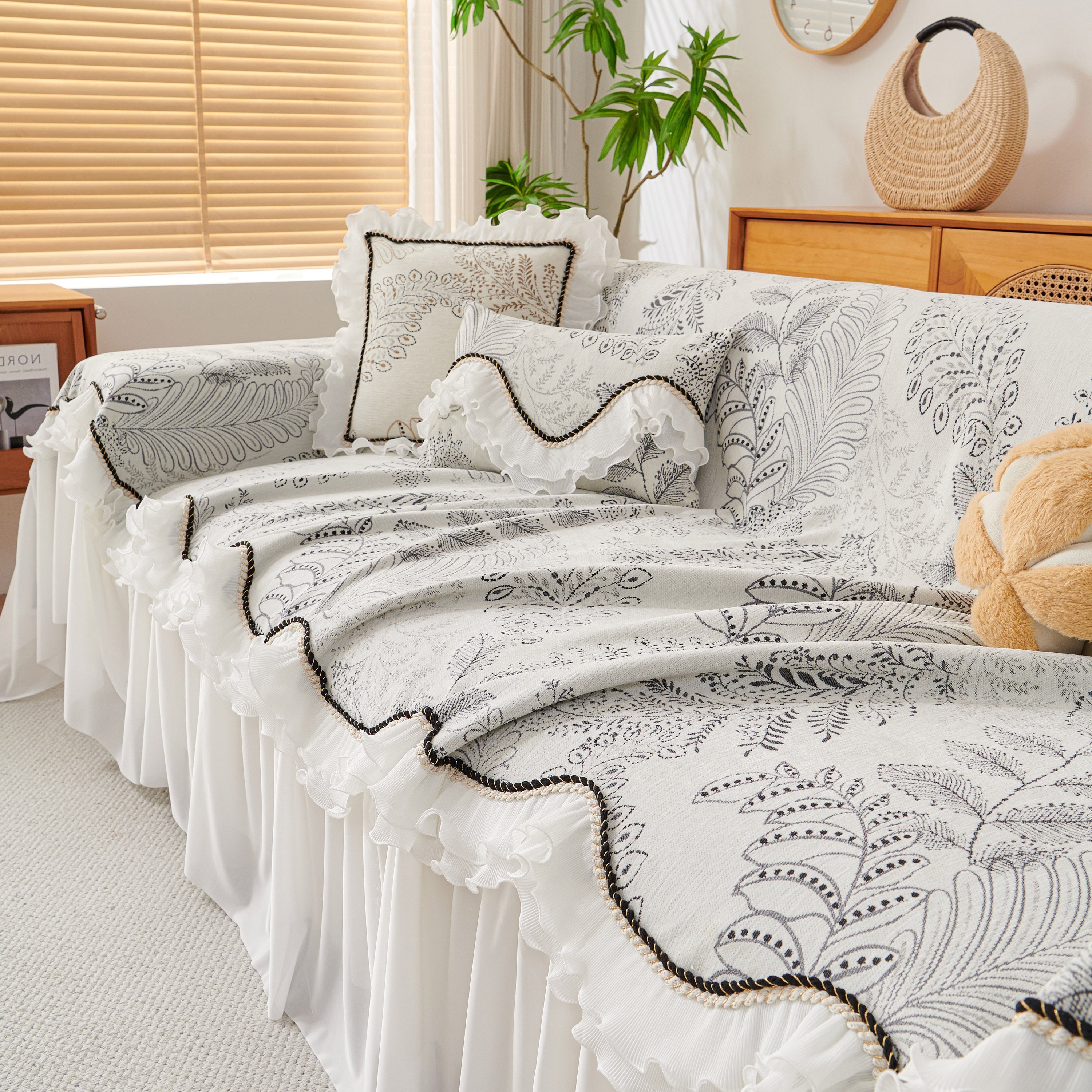 Farmhouse Ruffled Lace Sofa Slipcover Vintage Furniture Protector with Botanical Print
