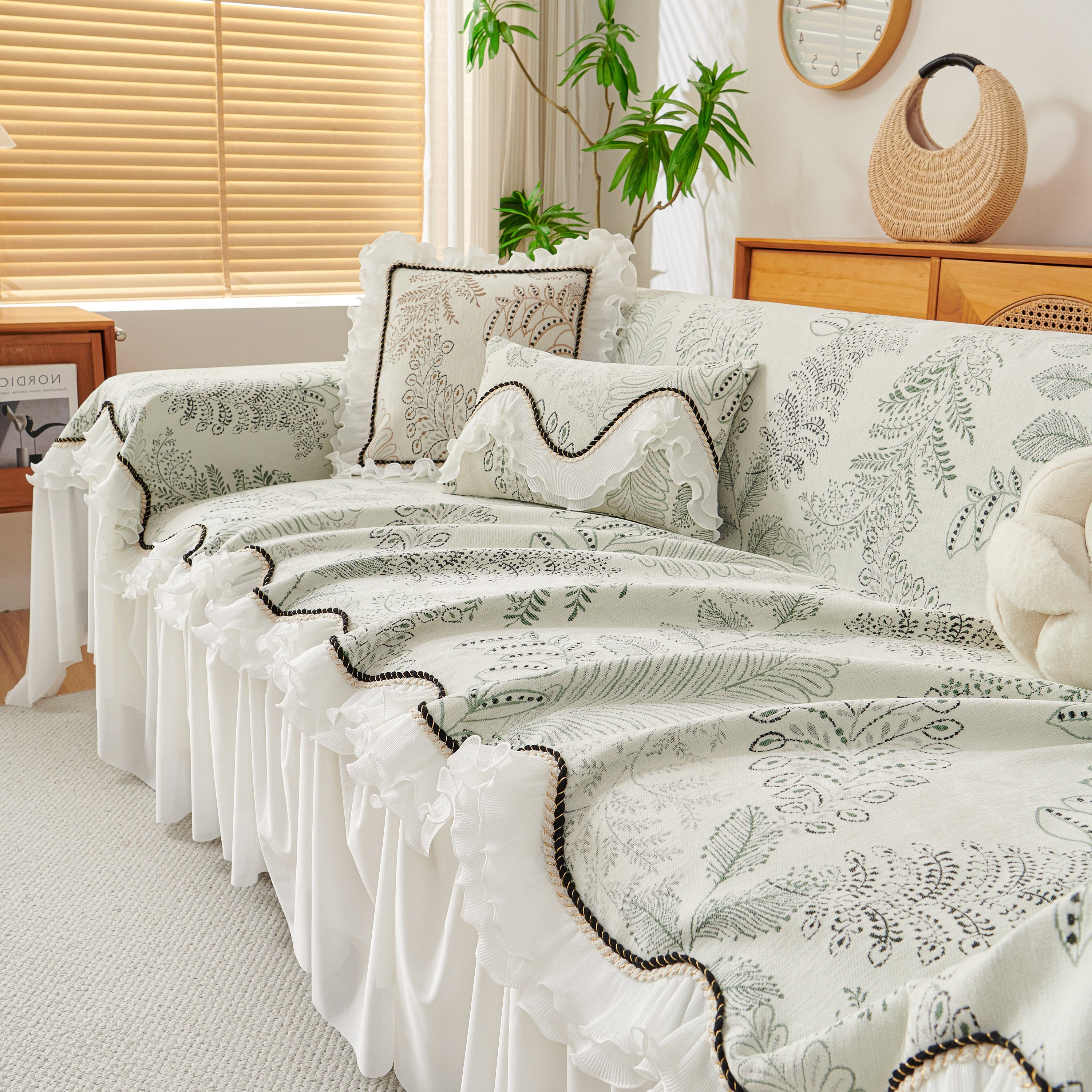 Farmhouse Ruffled Lace Sofa Slipcover Vintage Furniture Protector with Botanical Print