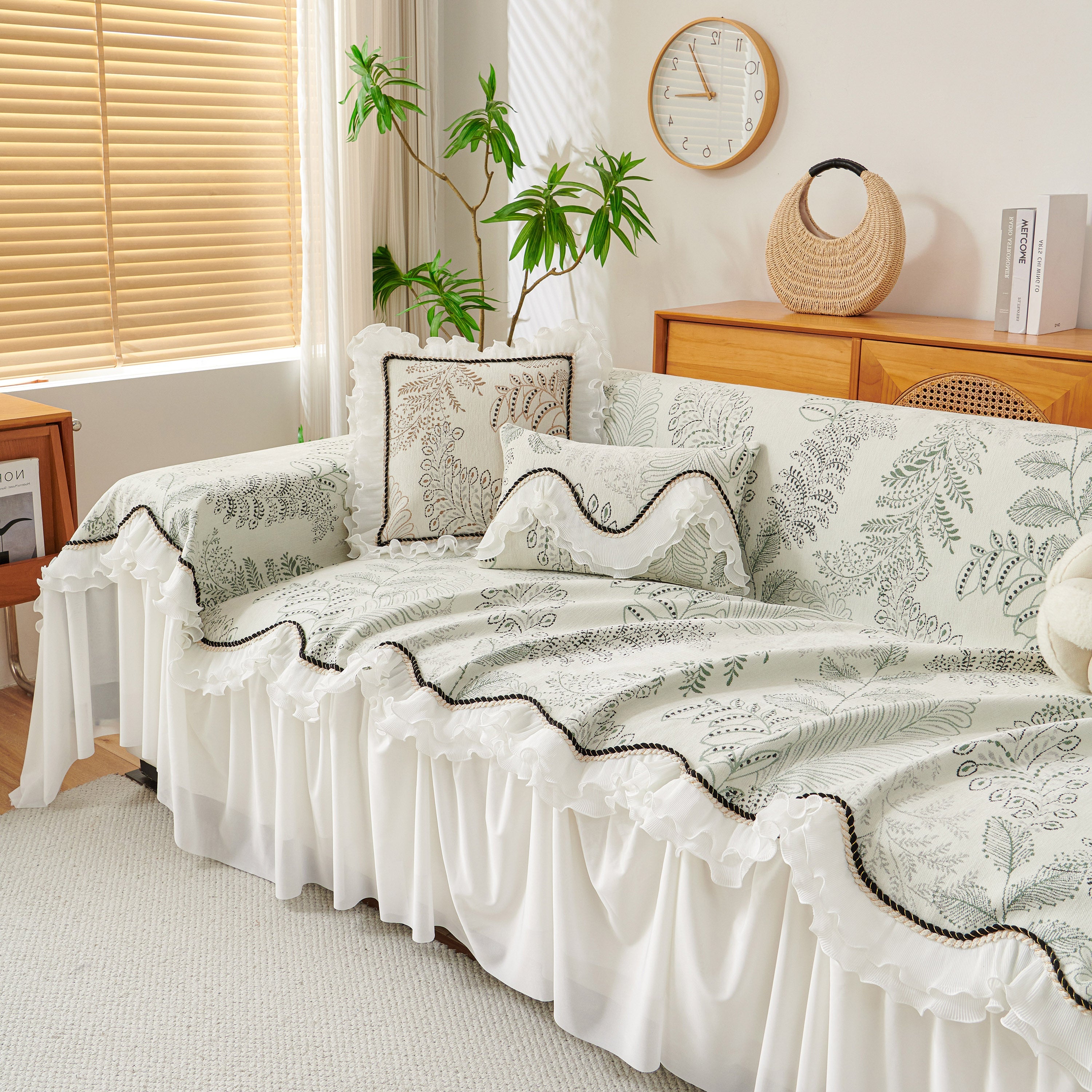Farmhouse Ruffled Lace Sofa Slipcover Vintage Furniture Protector with Botanical Print