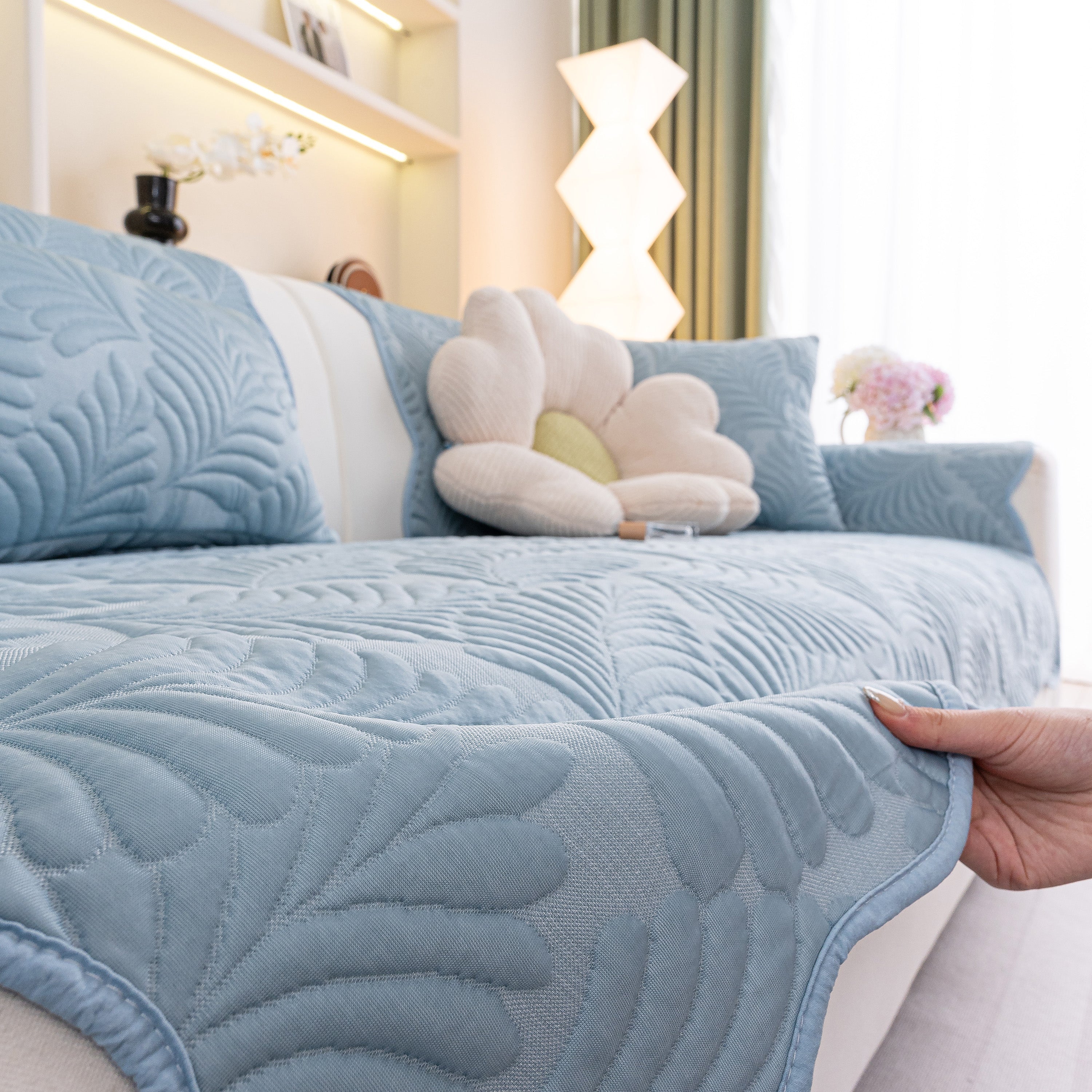 Sofa Cover for Leather & Fabric Couches, 3D Leaf Embossed Quilted Furniture Covers