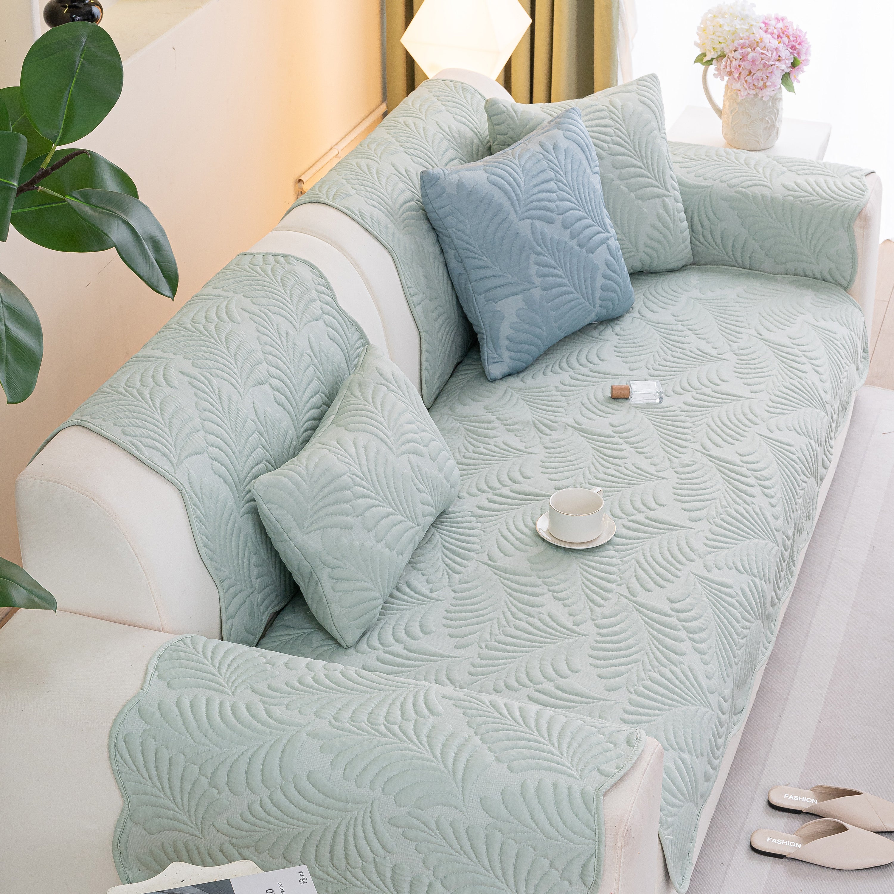 Sofa Cover for Leather & Fabric Couches, 3D Leaf Embossed Quilted Furniture Covers
