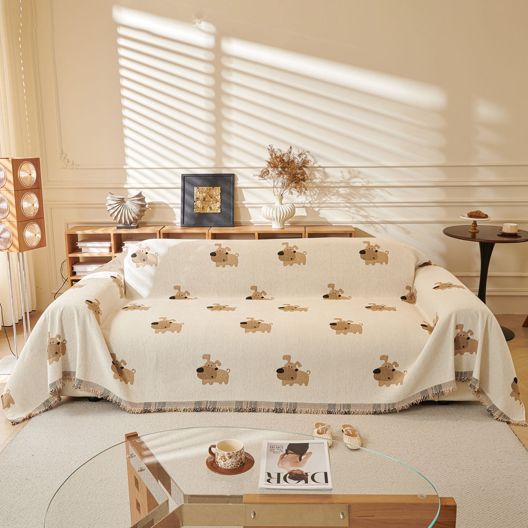 Cute Dog Pattern Chenille Sofa Throw Cover, Textured Woven Furniture Covers for Pets