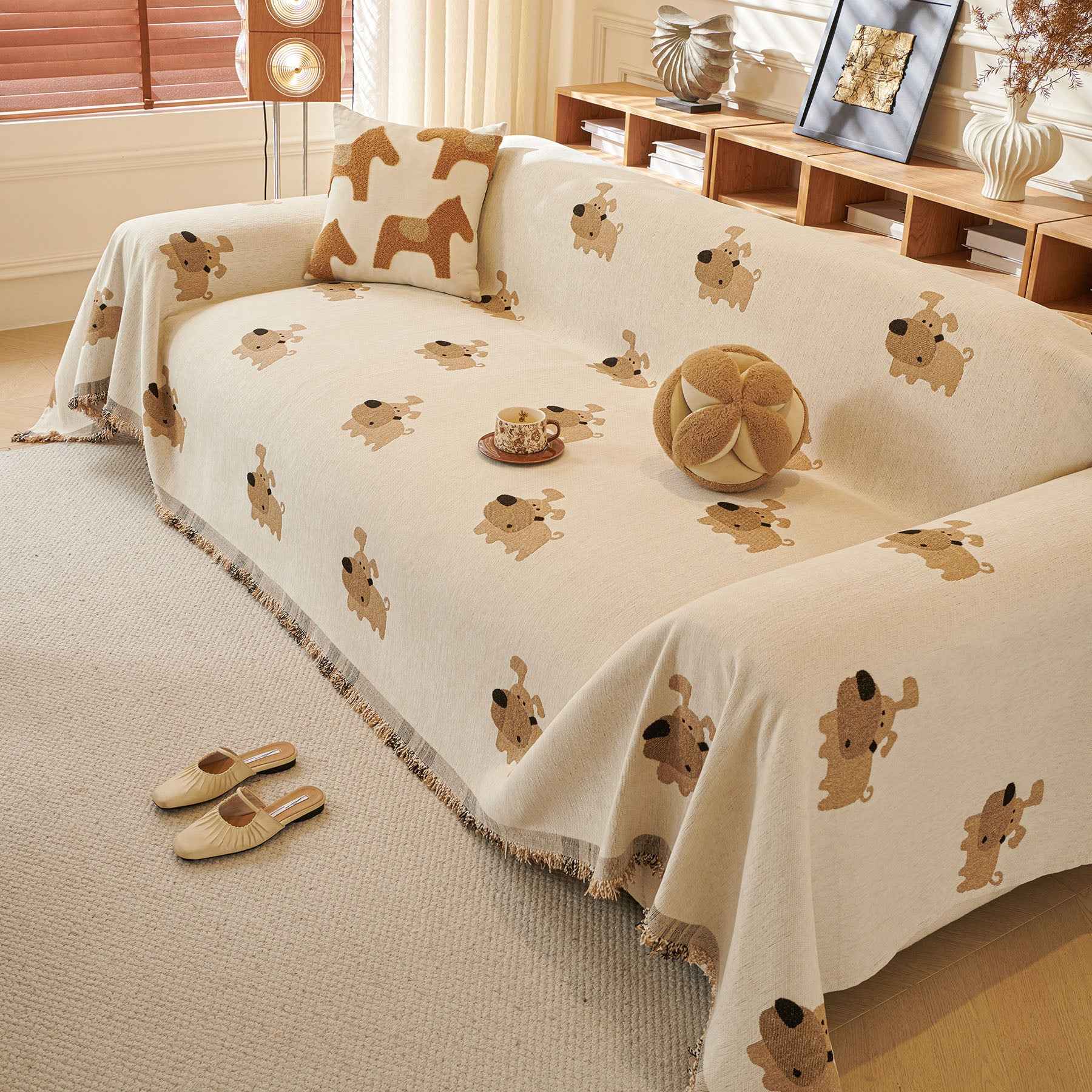 Cute Dog Pattern Chenille Sofa Throw Cover, Textured Woven Furniture Covers for Pets